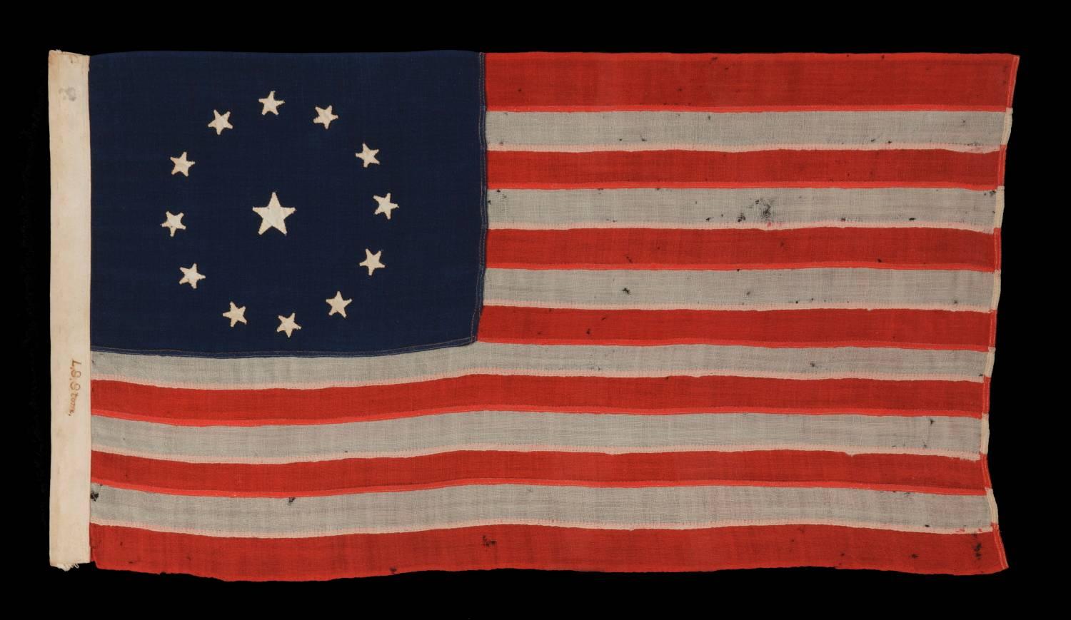 13 stars in the 3rd Maryland pattern on a civil war era flag with the smallest hand-appliquéd stars that I have ever seen on a wool example of the 19th century. 

13 star flags have been flown throughout our nation’s history for a variety of