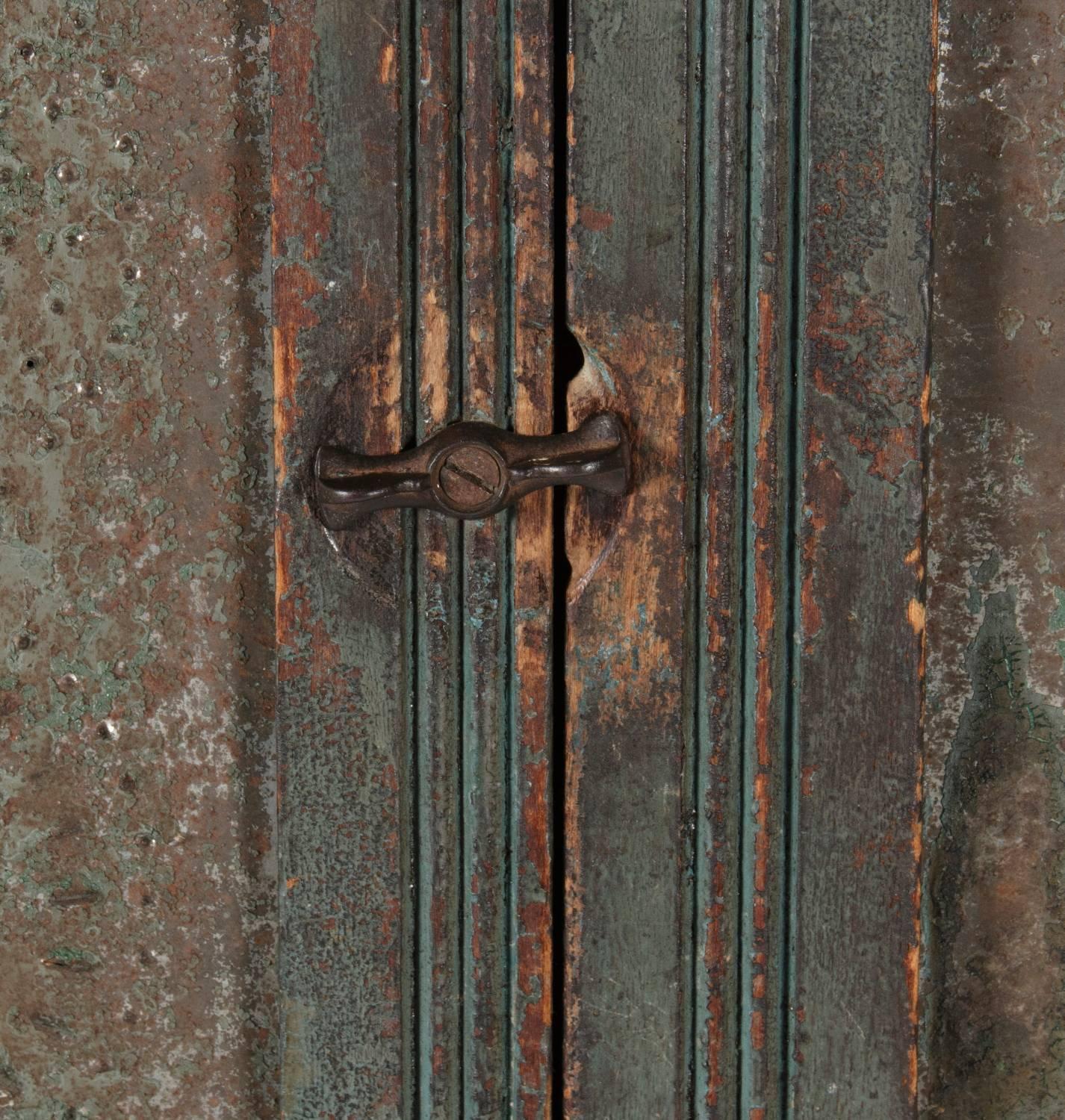 North American Narrow Blue Painted Pie Safe on Tall Legs, Probably Upstate NY or PA