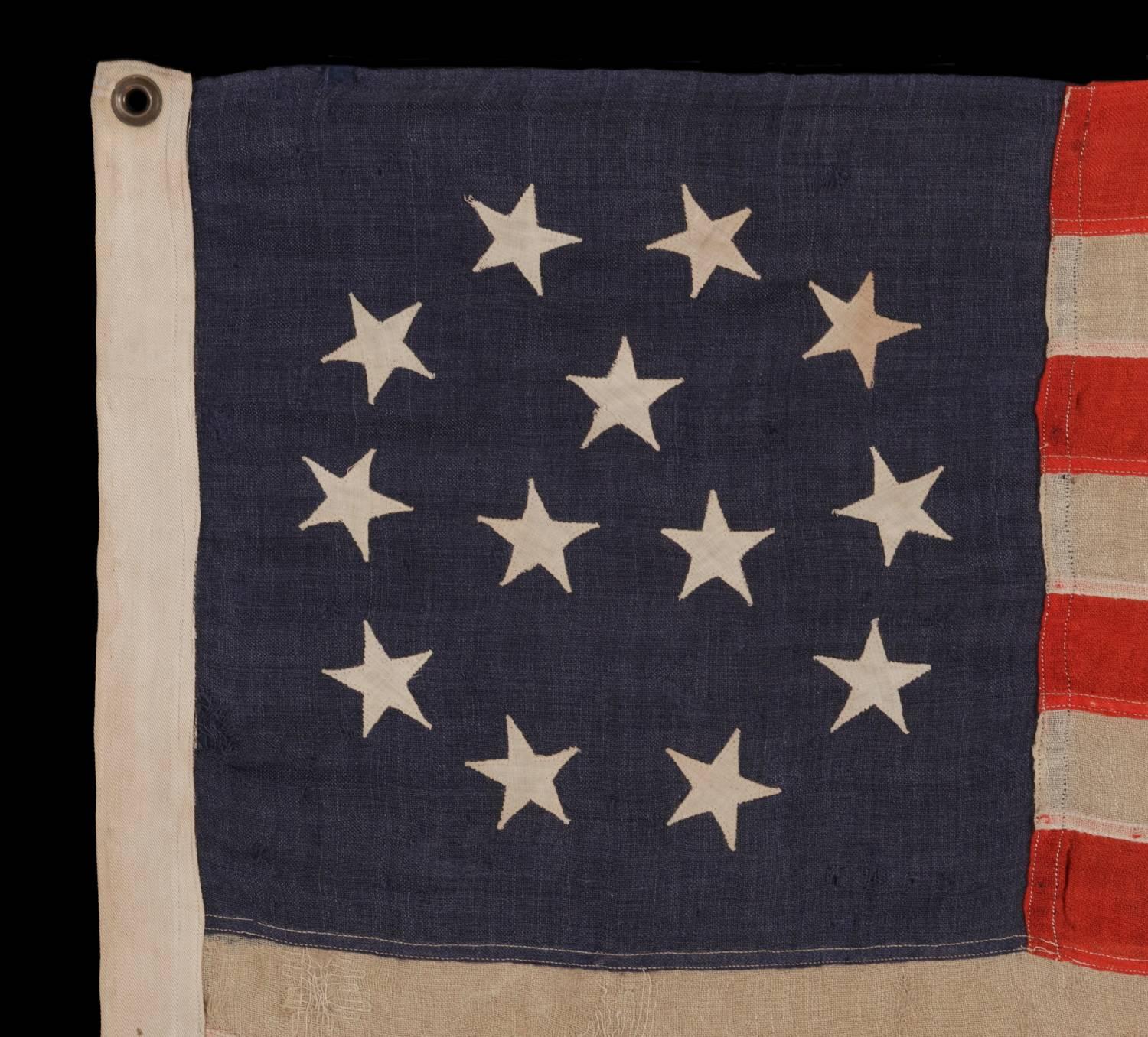 American Extremely Rare 13 Star Flag with Stars in Wreath Pattern with Three Center Star