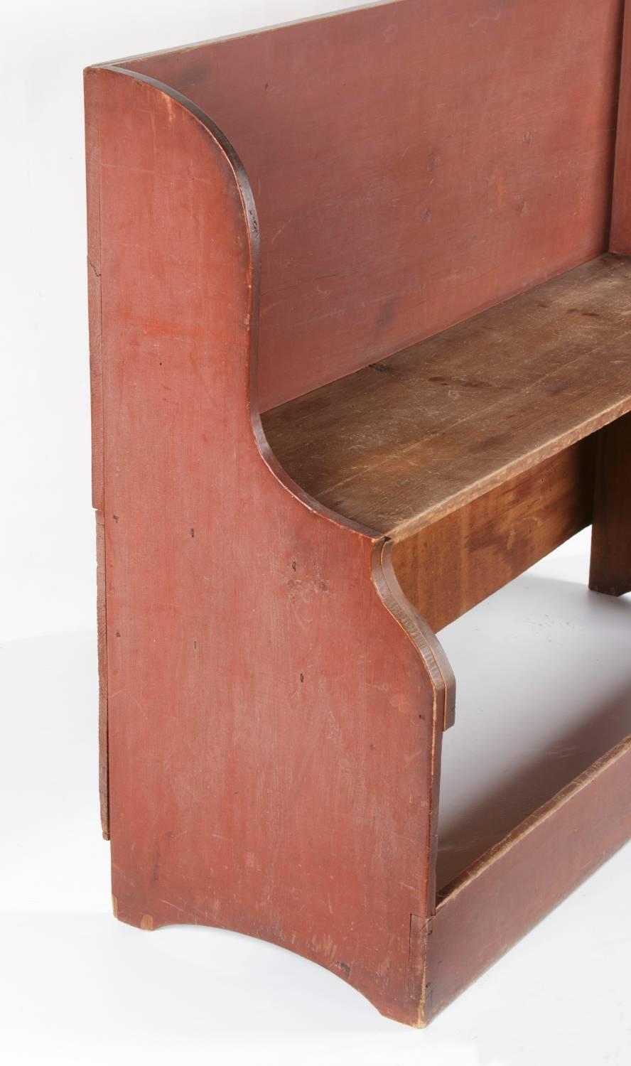 19th Century Unusual Deacons Bench/Bucket Bench in Dry Salmon Red Paint