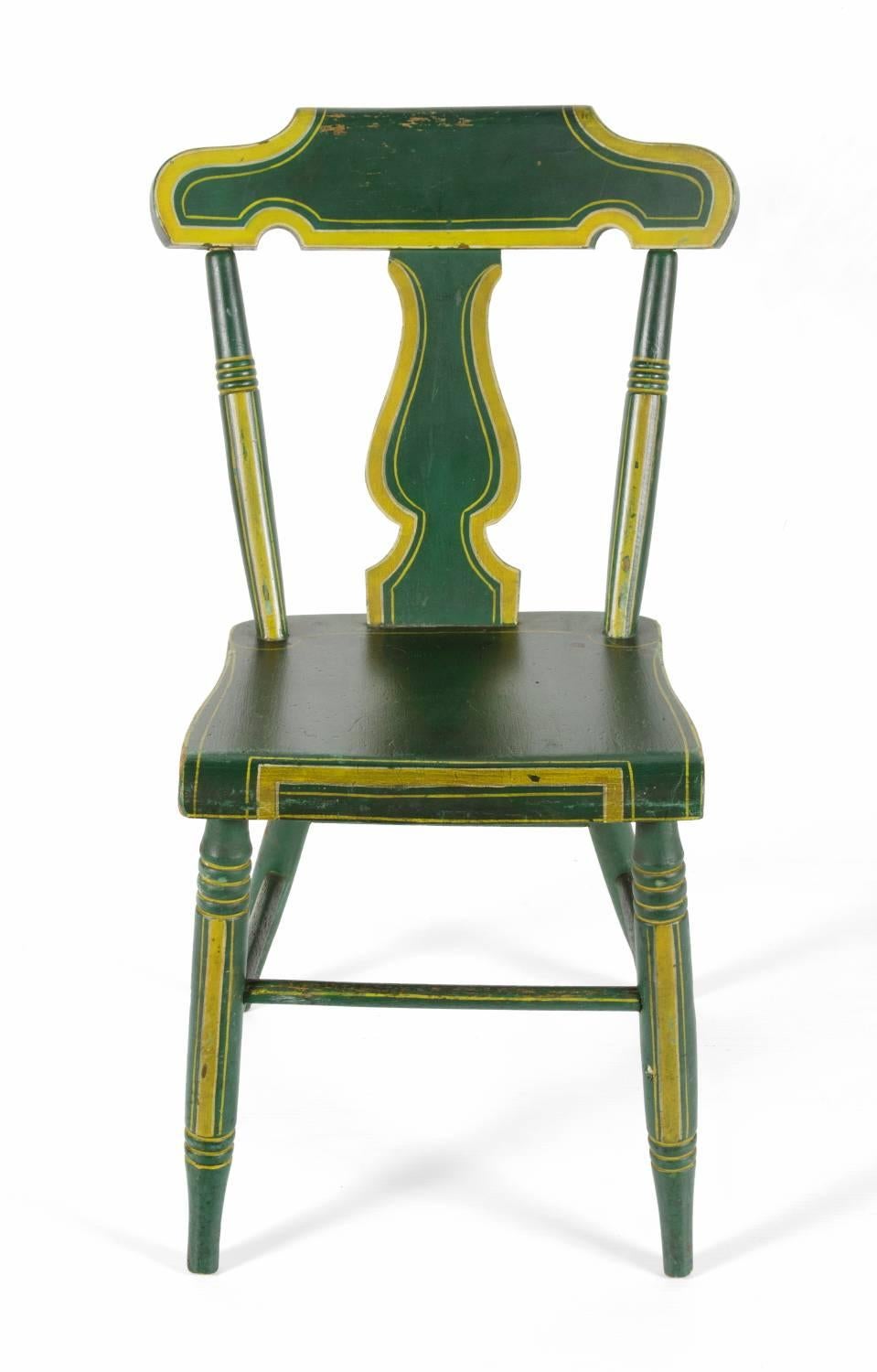 SET OF 6, GREEN, PLANK-SEATED, LYRE BACK, PENNSYLVANIA CHAIRS WITH YELLOW STRIPING, CA 1850-1880:

Set of six paint-decorated, Pennsylvania, plank-seated chairs, in kelly green, decorated all-over with simple but beautiful yellow striping. The paint