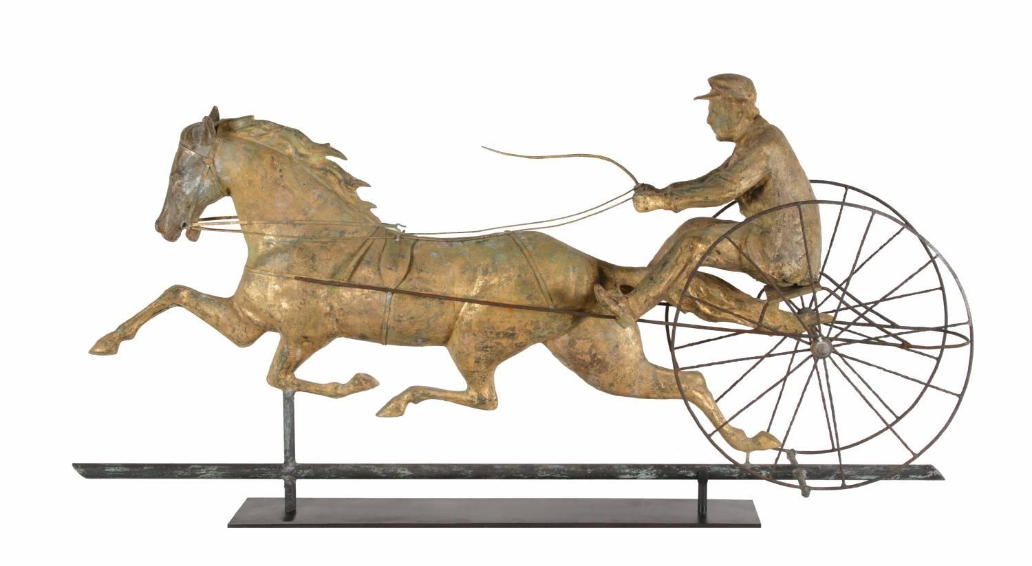 THE HORSE GEORGE M. PATCHEN WITH A SULKEY AND DRIVER, ONE OF THE LARGEST AND MOST IMPRESSIVE AMONG THIS FORM OF WEATHERVANE, UNIDENTIFIED MAKER, ca 1860-1890's :

This is the horse George M. Patchen with a sulky and driver. Made of hammered copper