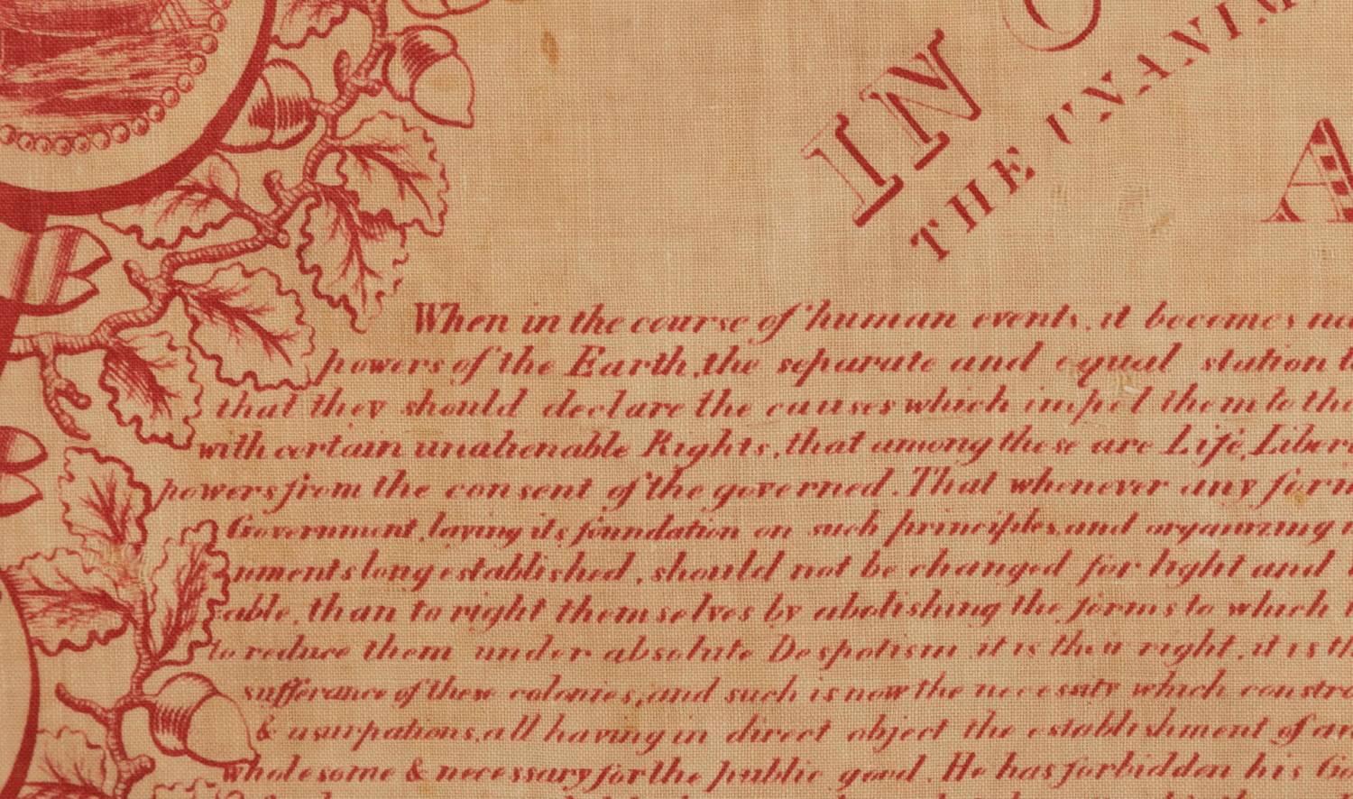 Exceptional 1821 Printing of the Declaration of Independence on Cloth In Good Condition In York County, PA