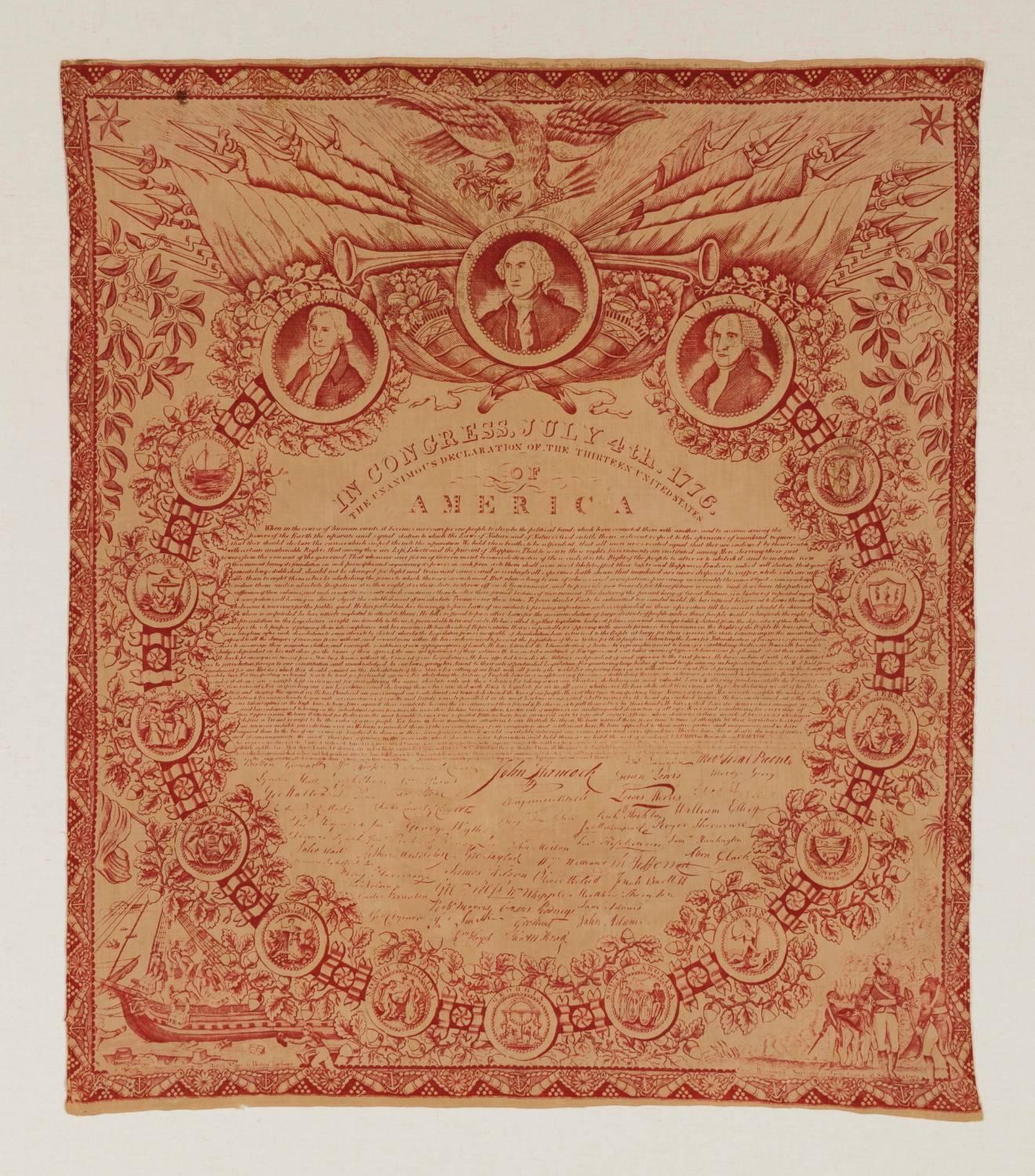 Exceptional 1821 printing of the declaration of independence on cloth, produced and distributed by Robert & Collin Gillespie:

Printed in mulberry ink on cotton, this kerchief-style broadside is one of the earliest known renditions of the
