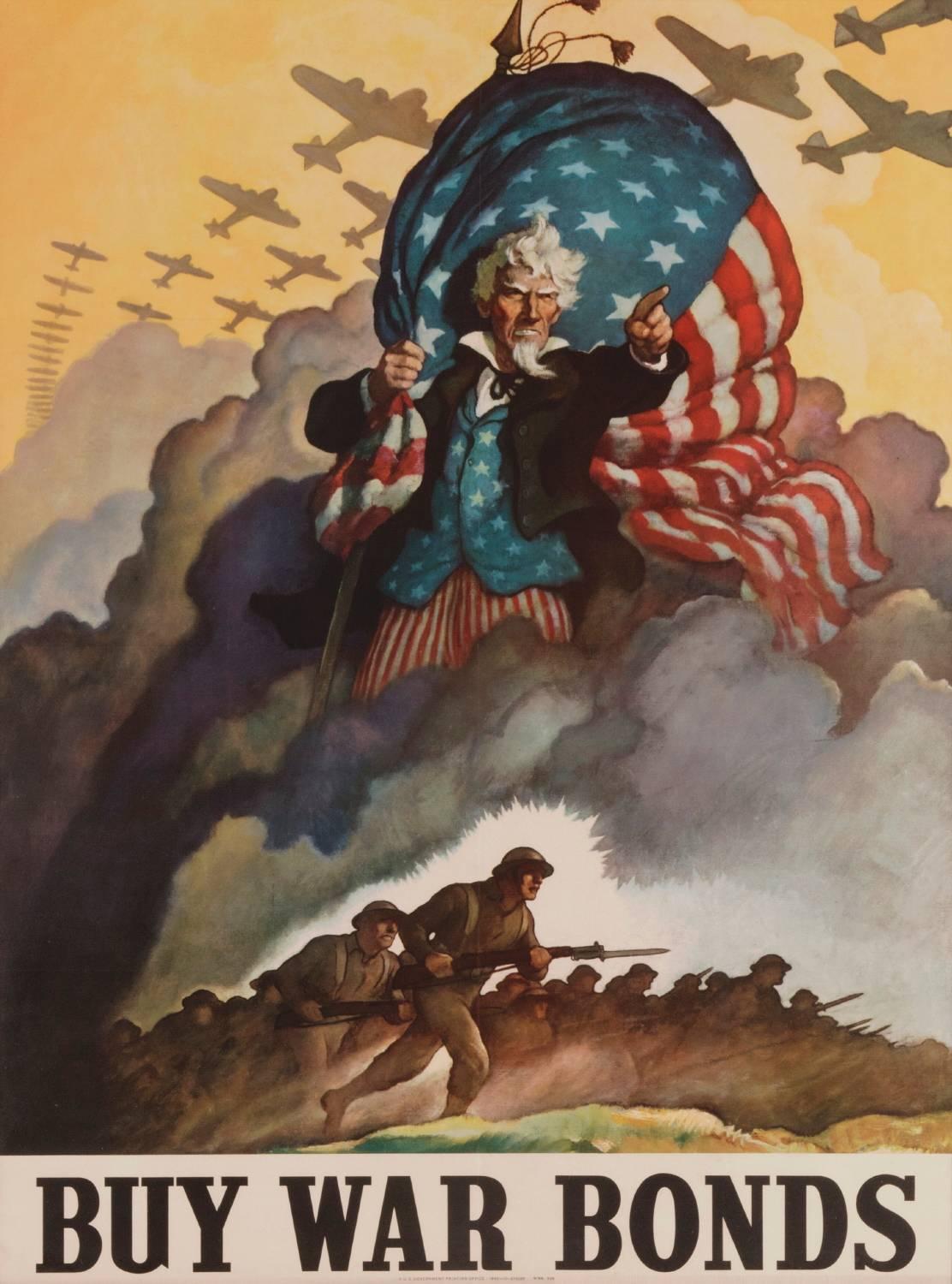 Striking and rare WWII poster by N.C. Wyeth, in the largest and rarest of three known sizes, with a windswept image of a fervent uncle Sam directing American troops to the fight: While James Montgomery Flagg may have painted the most famous version