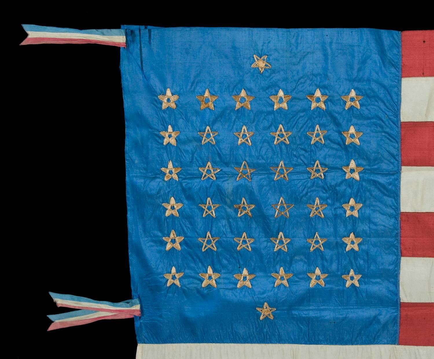 American 38 Star, Silk Flag with 12 Stripes and Three Different Styles of Stars