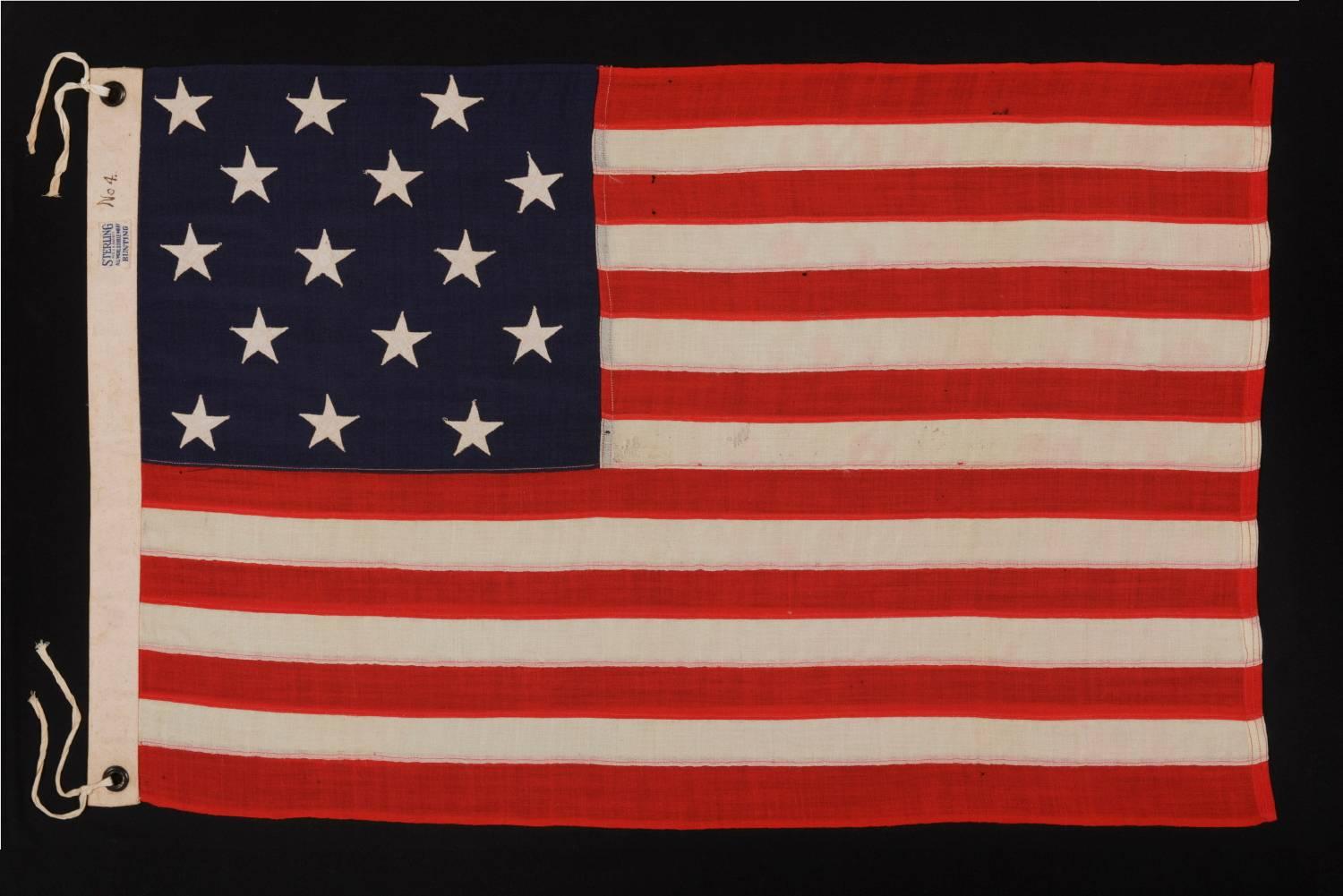 15 STARS AND 15 STRIPES, A COPY OF THE STAR SPANGLED BANNER, THE FAMOUS FLAG ON WHICH FRANCIS SCOTT KEY GAZED IN BALTIMORE HARBOR WHILE WRITING THE WORDS TO THE SONG OF THE SAME NAME; THIS EXAMPLE MADE BY ANNIN & COMPANY IN NEW YORK CITY, CA