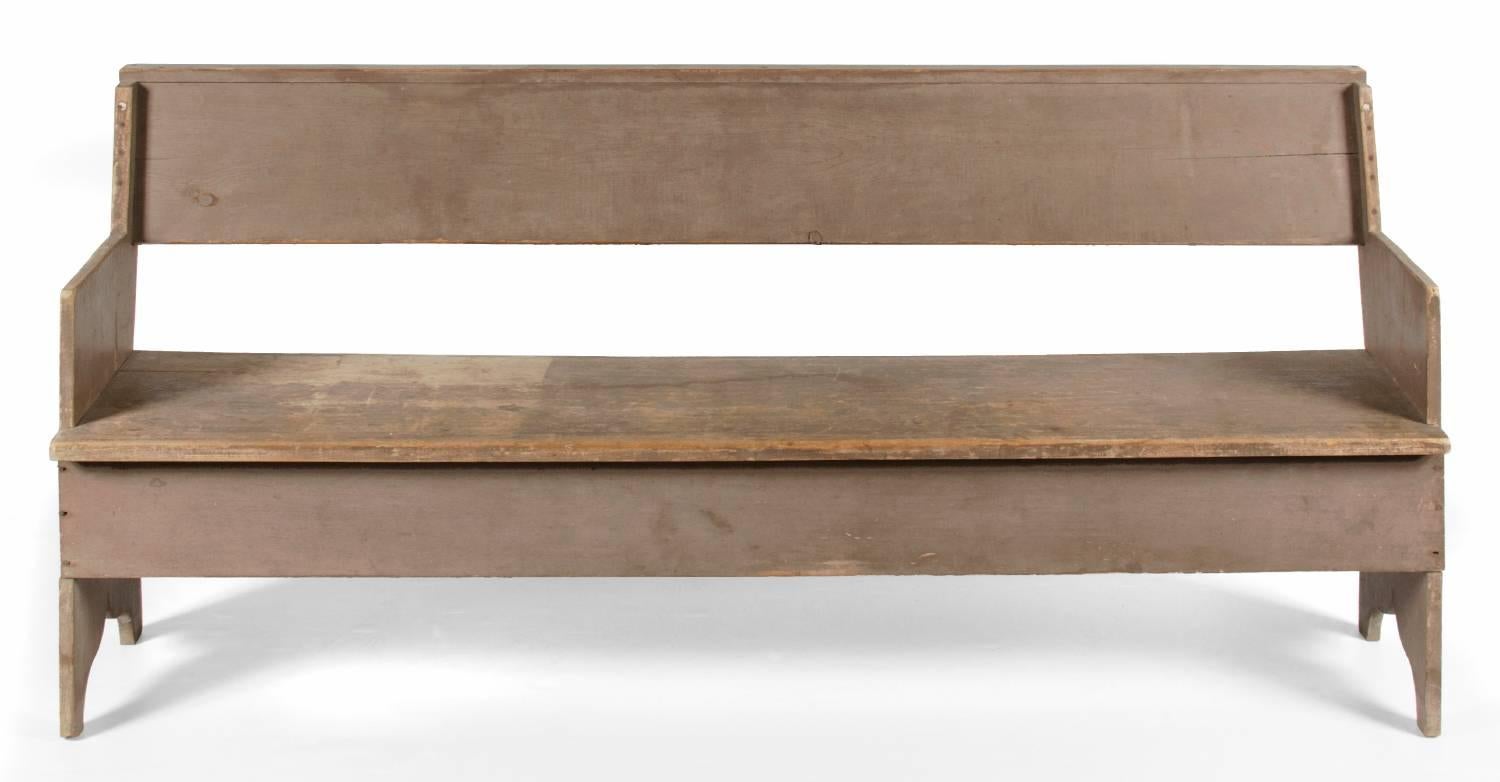 UNUSUAL PLANK-SEATED DEACON'S BENCH WITH PLANK SIDES AND A CANTED BACK, IN ORIGINAL PUTTY PAINT WITH SALMON OR LAVENDER UNDERTONES, FOUND IN PENNSYLVANIA, CA 1870-80:

This painted, Pennsylvania, plank-seated bench is the only example I have seen in