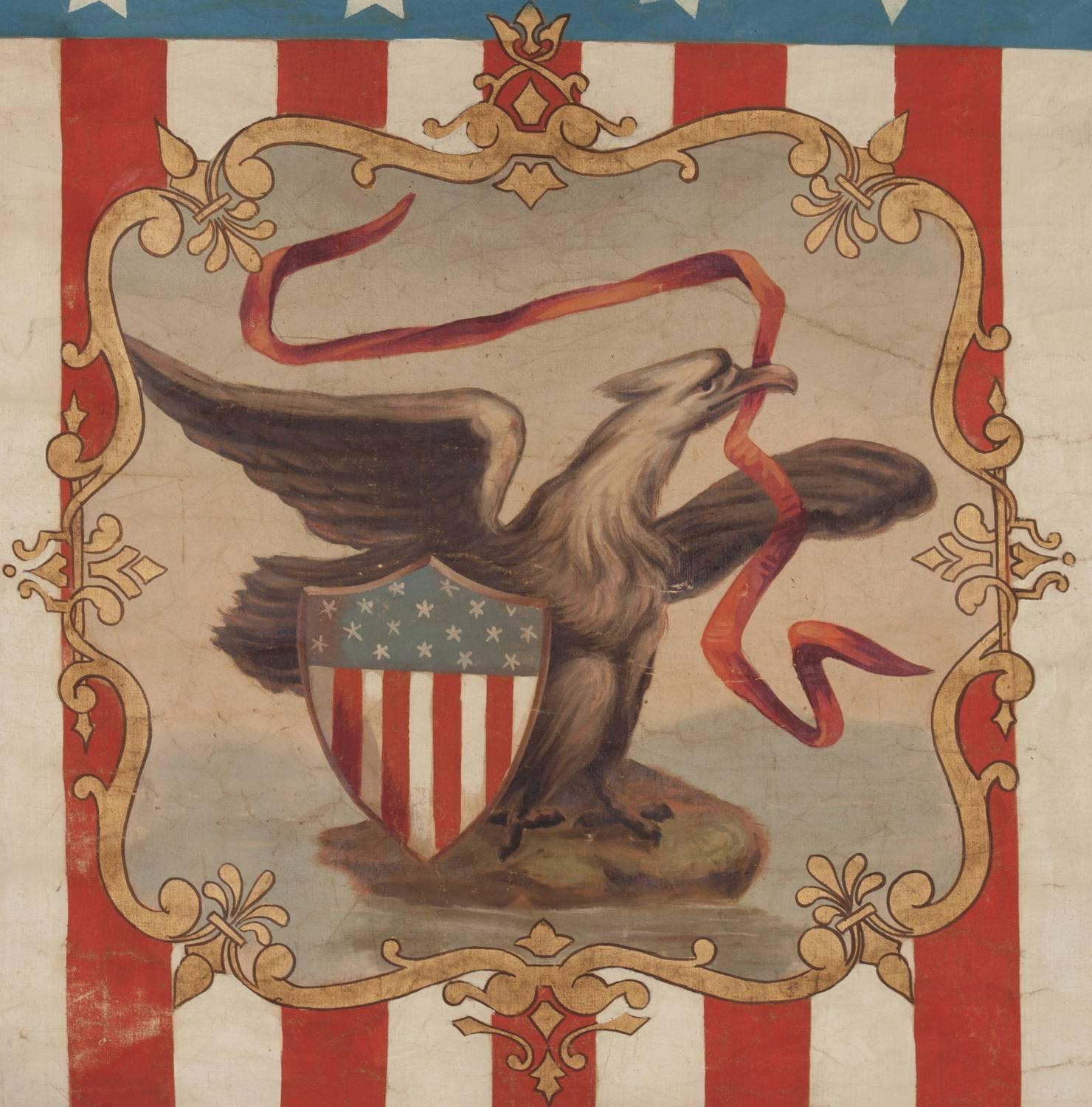 ESTANDARTE PATRIÓTICO PINTADO A MANO CON EL SELLO DEL ESTADO DE ILLINOIS Y GRANDES CUALIDADES FOLCLÓRICAS PROBABLEMENTE HECHO PARA LA CONVENCIÓN NACIONAL DEMÓCRATA DE 1868 EN EL TAMMANY HALL DE LA CIUDAD DE NUEVA YORK: 

Bandera vertical patriótica