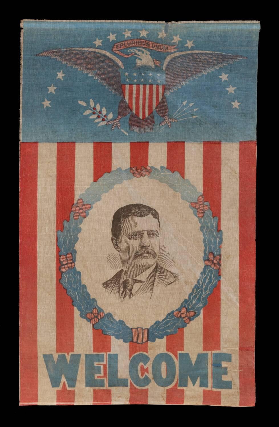 Striking and very rare Presidential campaign banner with a portrait of Theodore Roosevelt and a large eagle, 1912:

Vertical format patriotic parade flag/banner, printed on coarse, glazed cotton, with a handsome portrait image of Teddy Roosevelt,