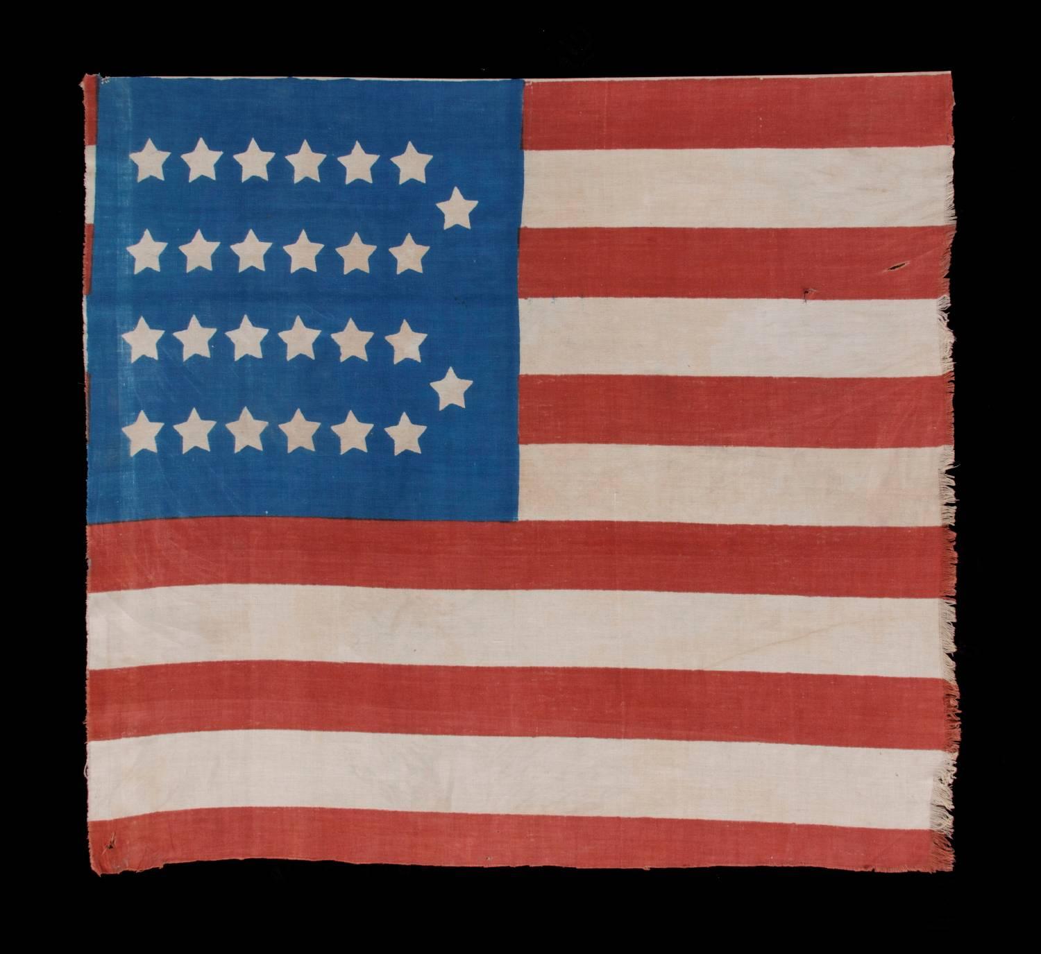 Extremely rare, cotton, antique American parade flag with 26 stars, 11 stripes, and its canton resting on a red stripe; the earliest known star count for printed examples, 1837-1846, Michigan statehood:

 26 star American parade flag, printed on
