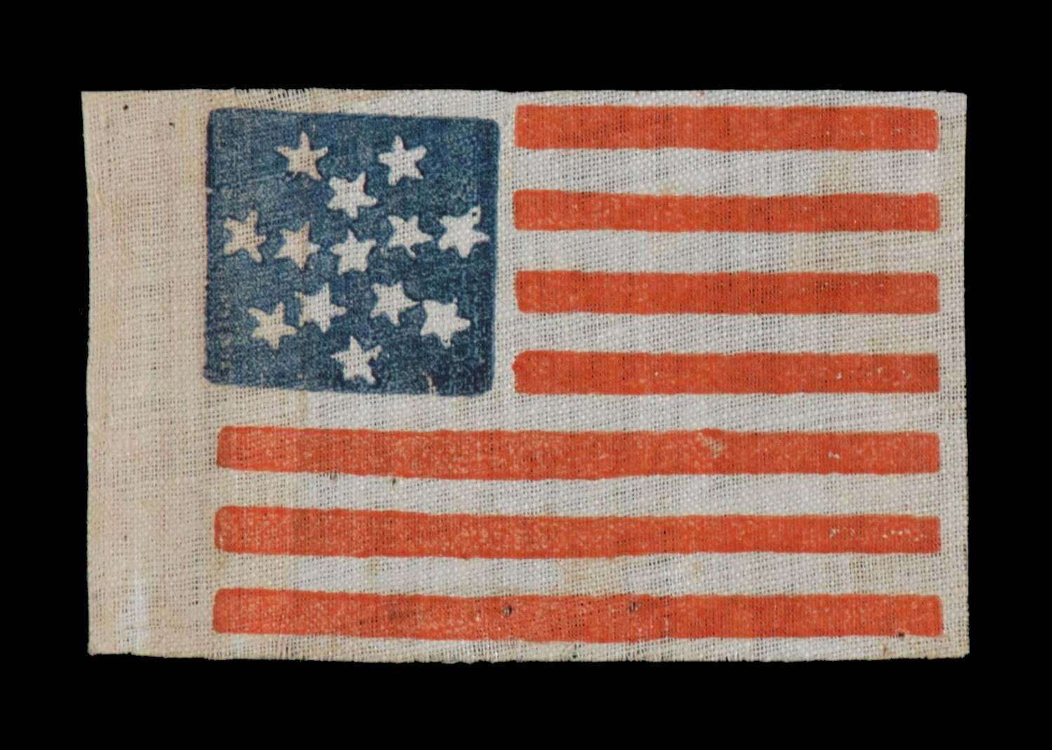 Rare 13 star parade flag dating to the civil war period (1861-1865) or prior, with an exceptionally rare and beautiful snowflake medallion configuration of 13 stars:

13 star American national flag, printed on glazed cotton, with a very rare