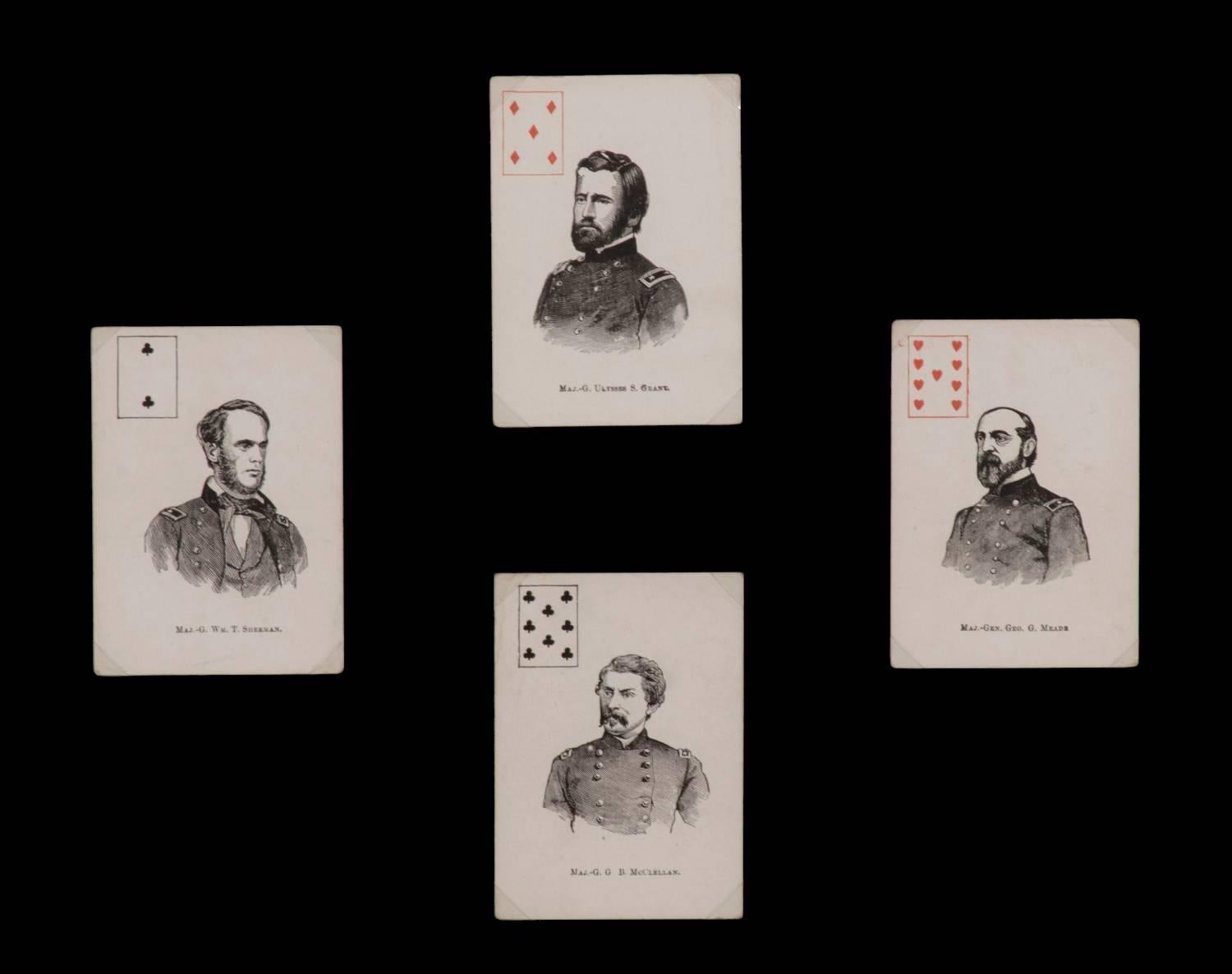Exceptionally rare complete deck of Civil War period patriotic playing cards featuring 52 Union Generals, published by Mortimer Nelson In New York, 1863:

52 playing cards printed in black and red, each 3 ½” H x 2 ½” W, each with a labeled