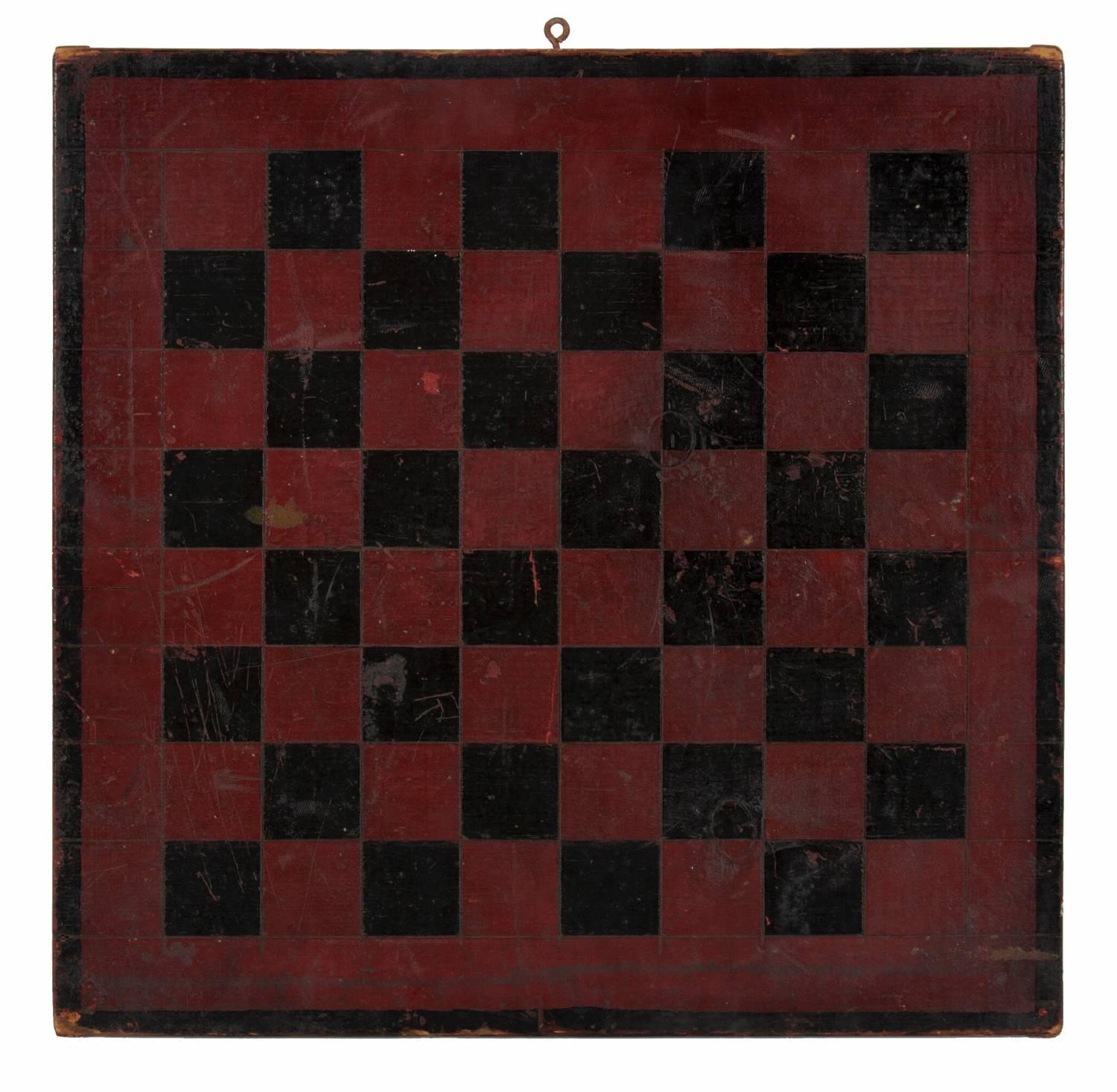 AMERICAN PARCHEESI BOARD WITH GREAT POLYCHROME PAINTED SURFACE IN CRIMSON RED AND BLACK, CA 1870 

Painted 19th century, American game board with Parcheesi on the front and checkers on the reverse. The surface is satin polychrome in crimson red and