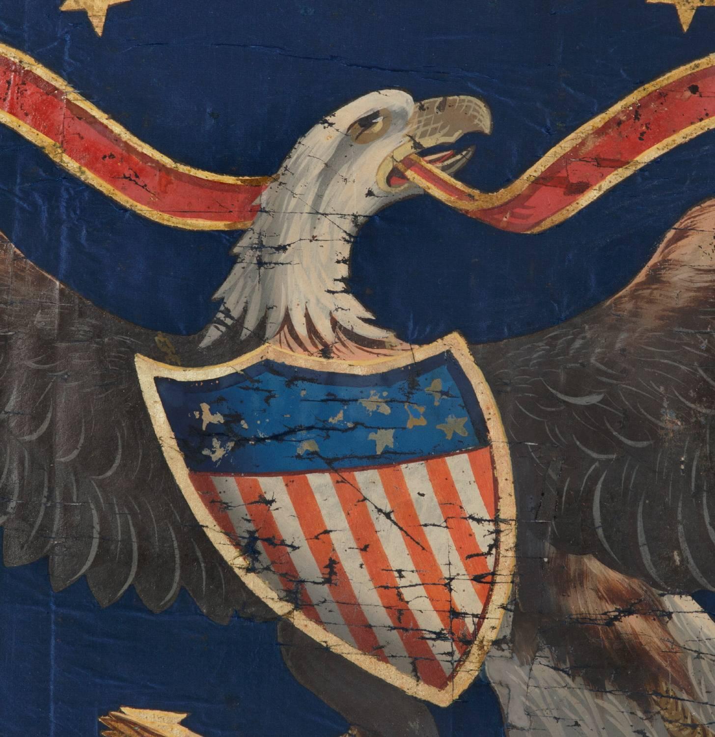 RARE CIVIL WAR PERIOD FEDERAL STANDARD STYLE FLANK GUIDON OF THE 100TH NEW YORK VOLUNTEER INFANTRY, HAND-PAINTED AND GILDED ON SILK, 1862-1865:

 During the Civil War, U.S. Army regulations set forth that an infantry unit would carry two flags.