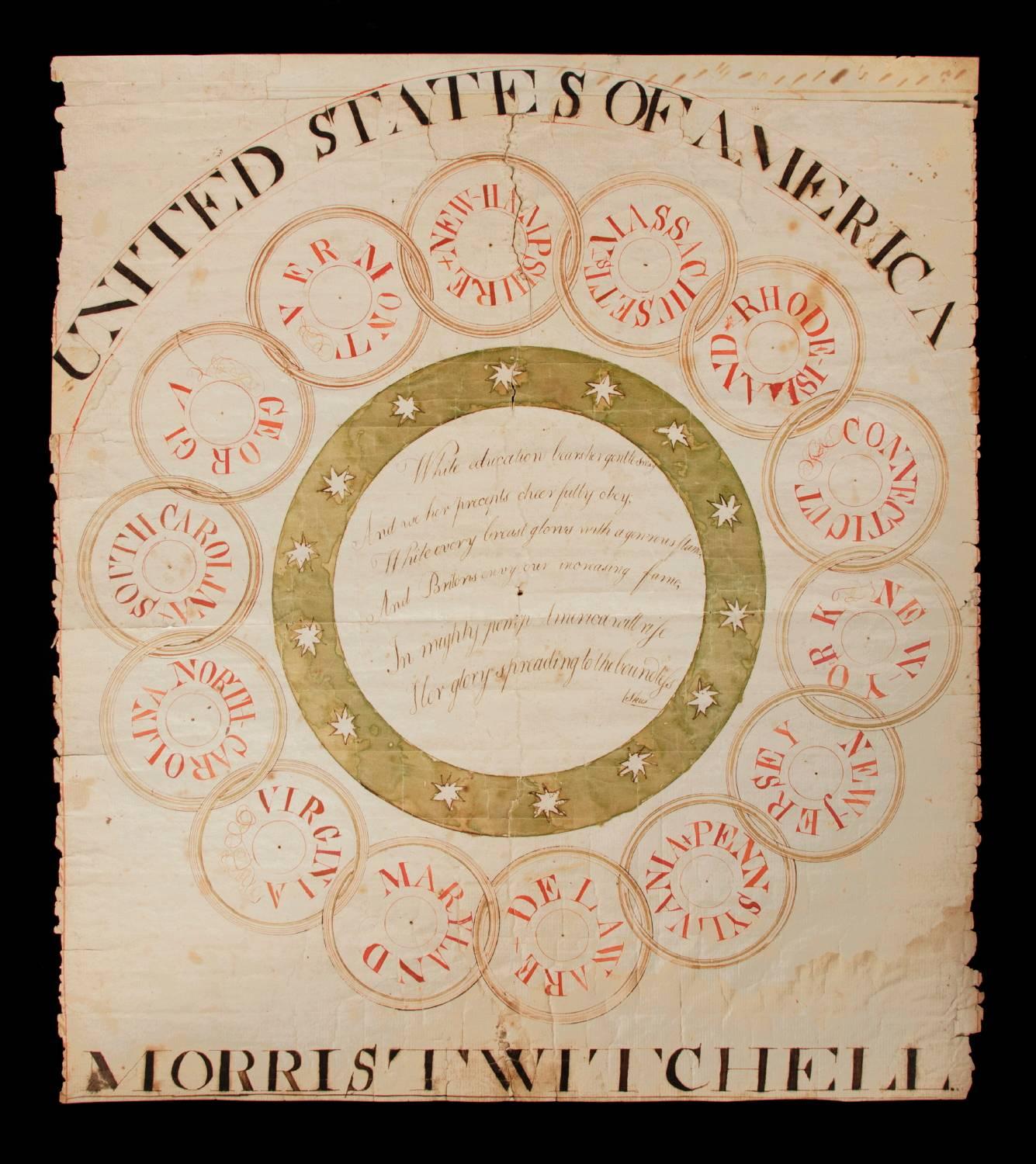 Remarkable patriotic schoolchild watercolor by Morris Twitchell, illustrating the original 13 colonies plus vermont as conjoined rings, 1791-1792:

Executed on laid paper, this beautiful patriotic pen and ink, watercolor fraktur drawing, entitled