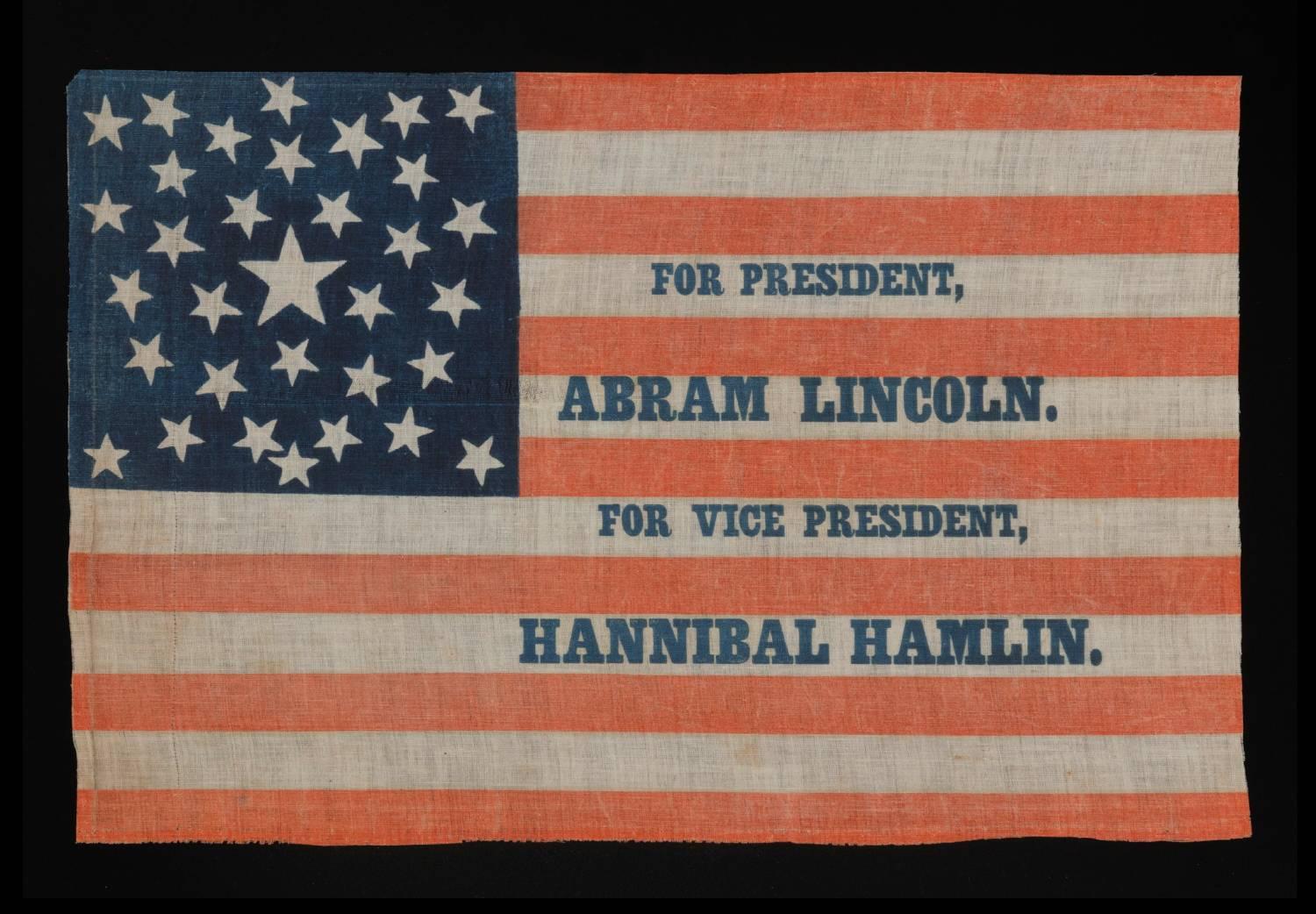 1860 CAMPAIGN PARADE FLAG WITH 33 STARS IN A PENTAGON MEDALLION AND AN INTRIGUING ABBREVIATION OF LINCOLN'S NAME, ATTRIBUTED TO H.C. HOWARD, PHILADELPHIA 

 33 star American parade flag with the 1860 Republican ticket printed in blue along the