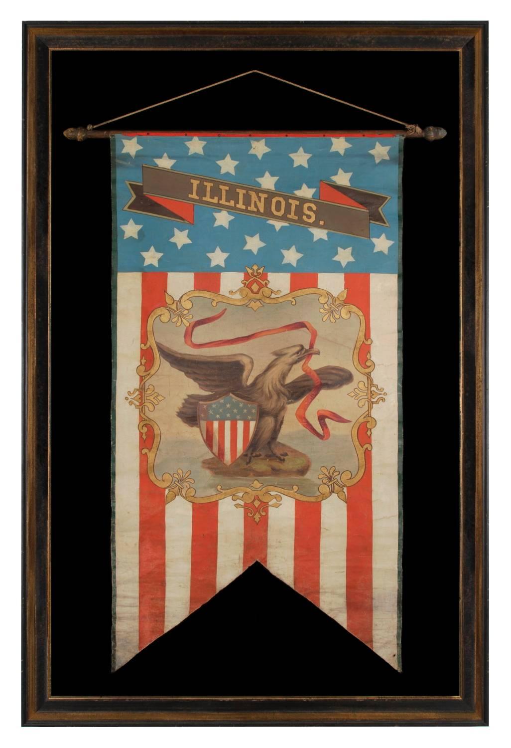 North American Hand-Painted Patriotic Banner With The Seal of the State of Illinois For Sale