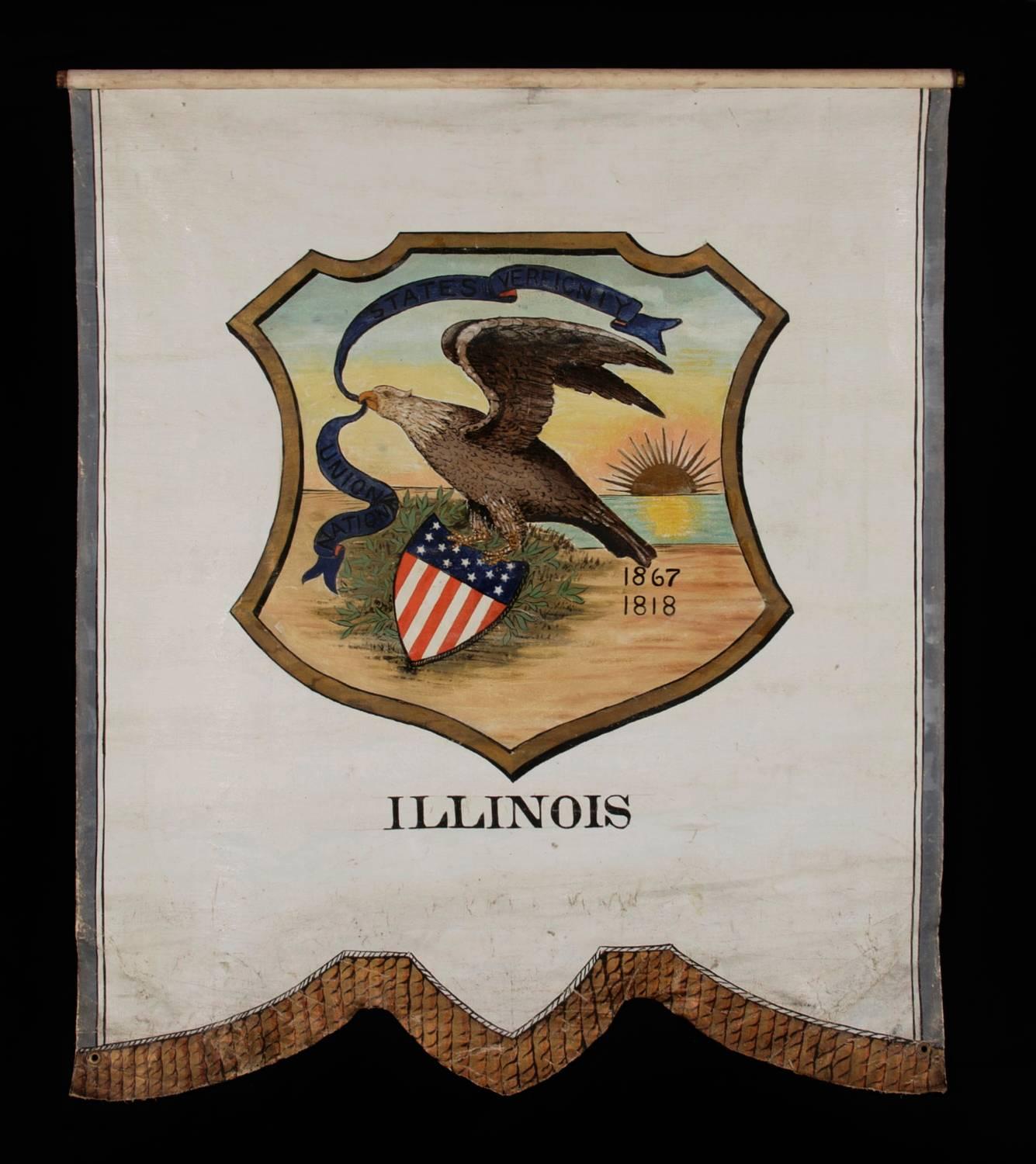 HAND-PAINTED 19TH CENTURY BANNER WITH AN 1867 VERSION OF THE SEAL OF THE STATE OF ILLINOIS, PROPOSED IN THAT YEAR BY THE SECRETARY OF STATE, BUT IN A VARIATION NEVER FORMALLY ADOPTED 

Banner with the Illinois State Seal, in a rare variation of the