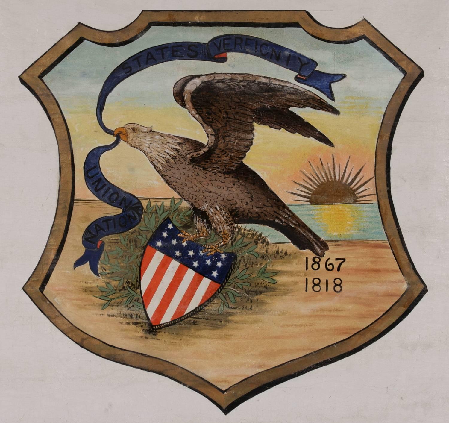 Handbemaltes Banner aus dem 19. Jahrhundert mit dem vorgeschlagenen Siegel von Illinois von 1867 (amerikanisch) im Angebot