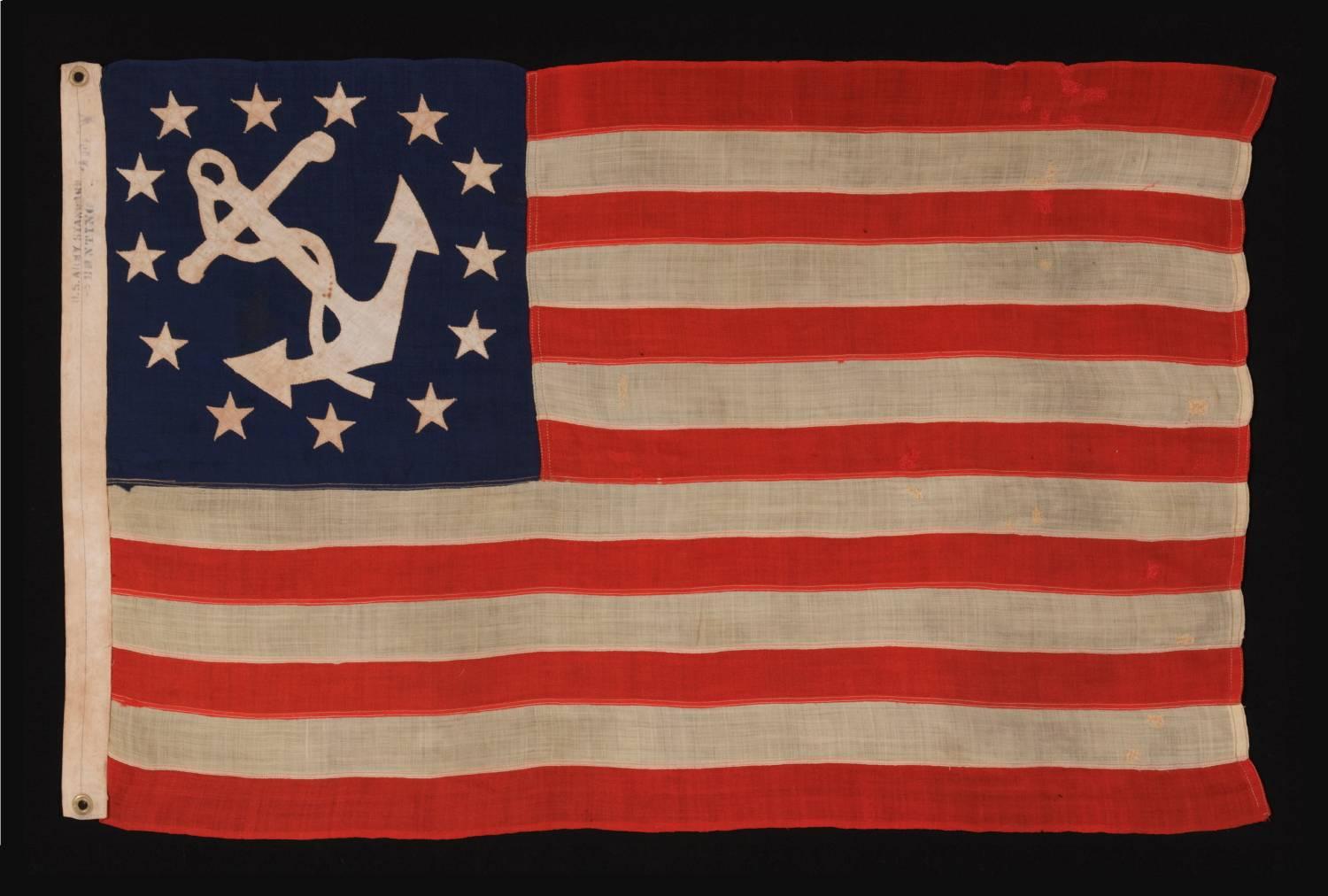 Antique American private yacht flag (Ensign) with 13 stars, Marked 
