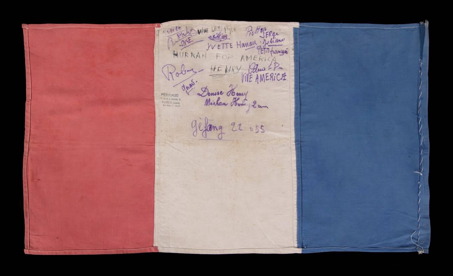 Remarkable French flag with American Salutations, waved and signed in France by the 