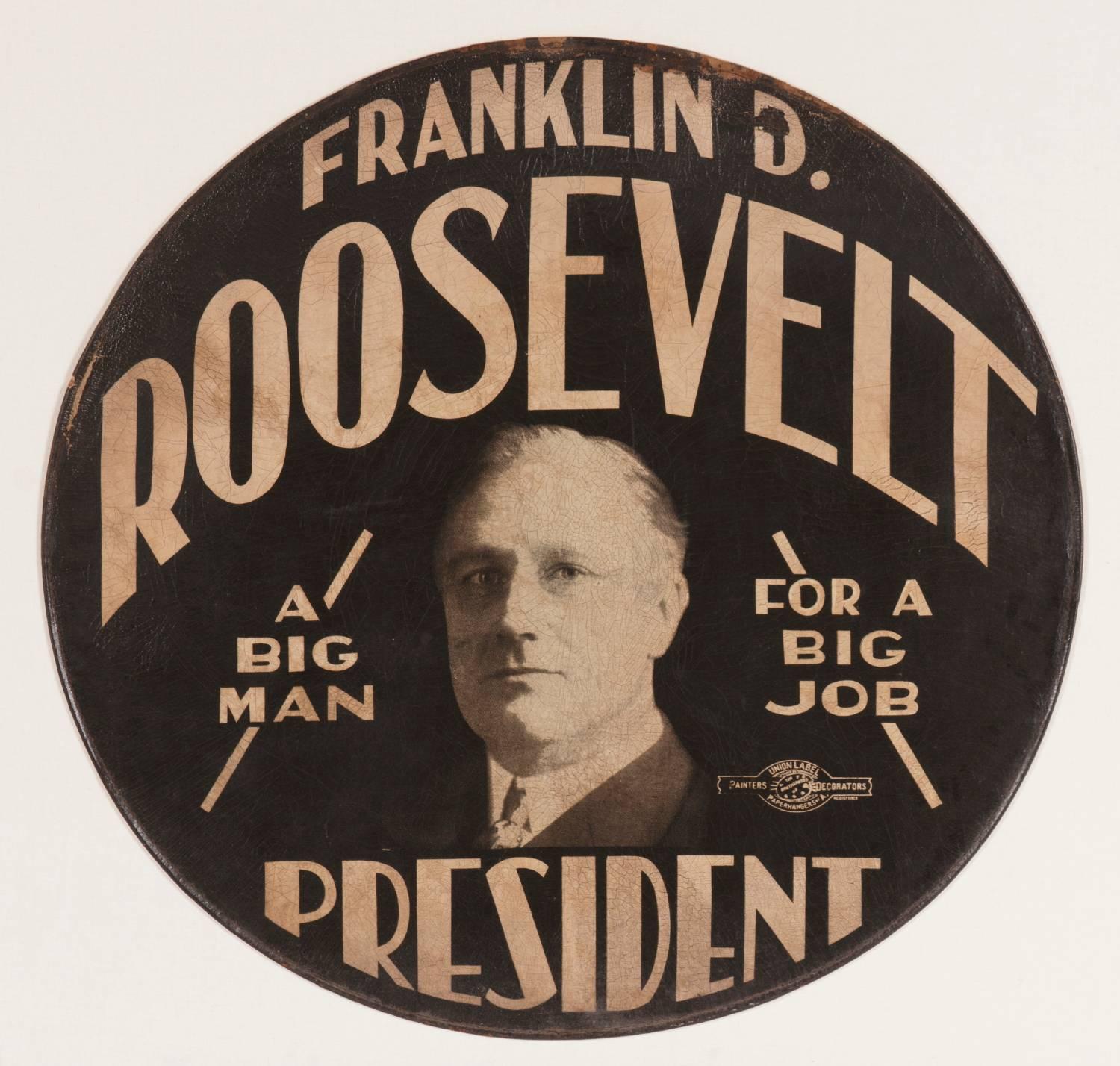 Franklin D. Roosevelt Campaign tire cover with the terrific slogan: “a Big Man For A Big Job,” made in 1932 for the first of his four successful campaigns for the Presidency:

Among the various forms of large scale campaign textiles, tire covers