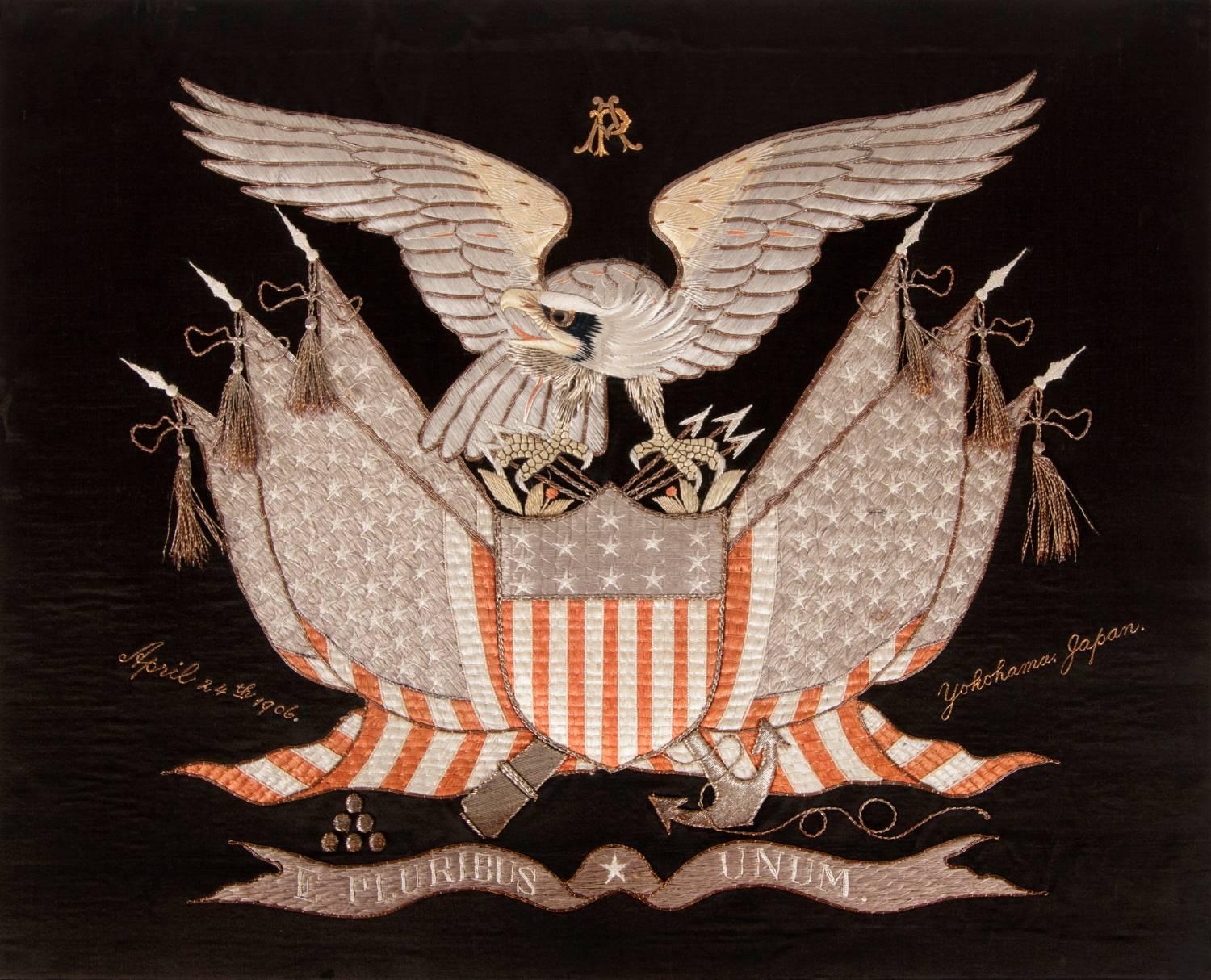 ELABORATE SAILOR’S SOUVENIR EMBROIDERY FROM THE ORIENT WITH A LARGE FEDERAL EAGLE, CROSSED FLAGS, CANNON AND ANCHOR, OBTAINED IN YOKOHAMA, JAPAN, DATED 1906:

Between roughly 1885 and 1915, American sailors visiting the orient could obtain beautiful