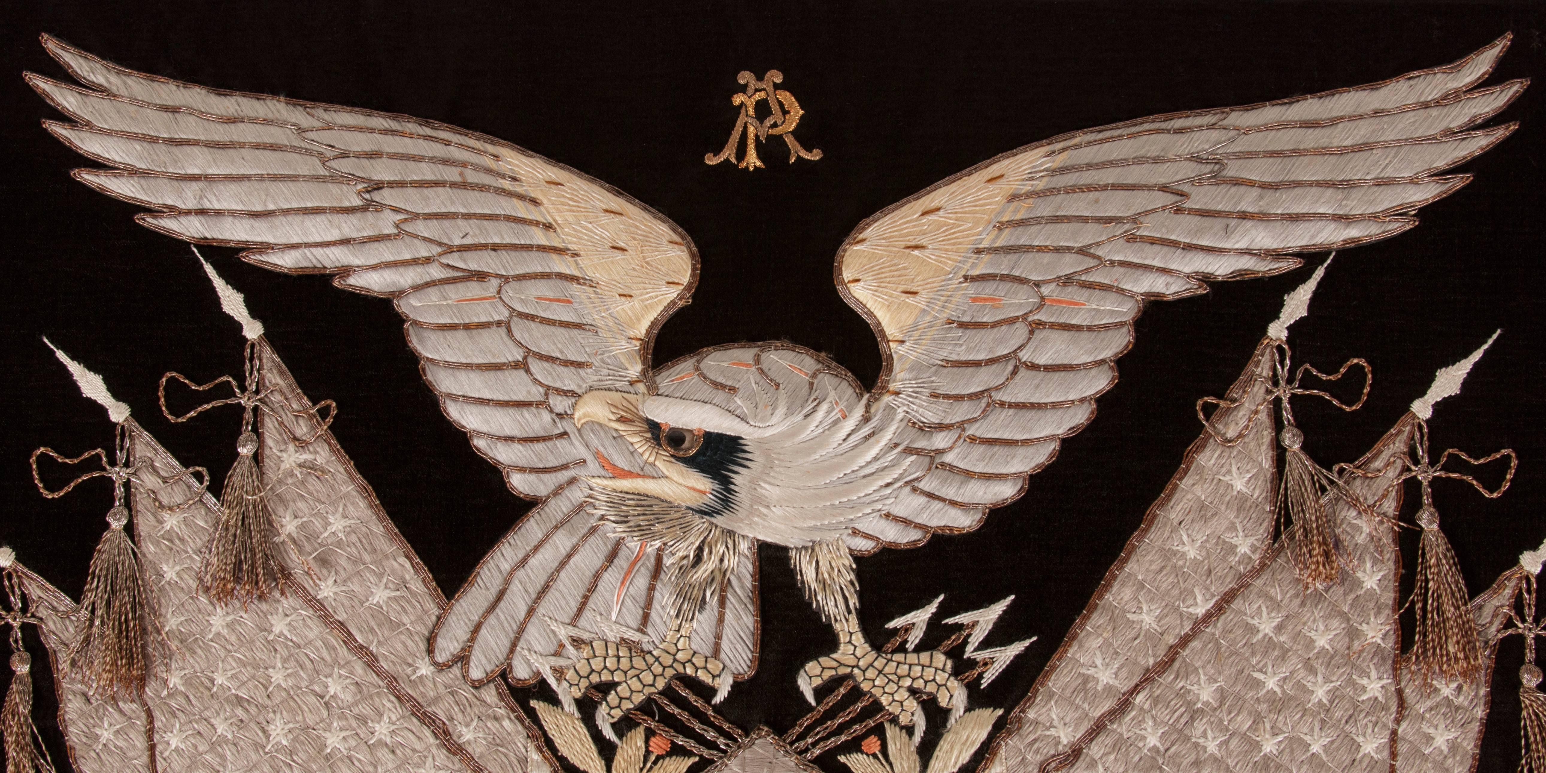 Elaborate Sailor's Souvenir Embroidery from the Orient With a Large Eagle  In Good Condition In York County, PA