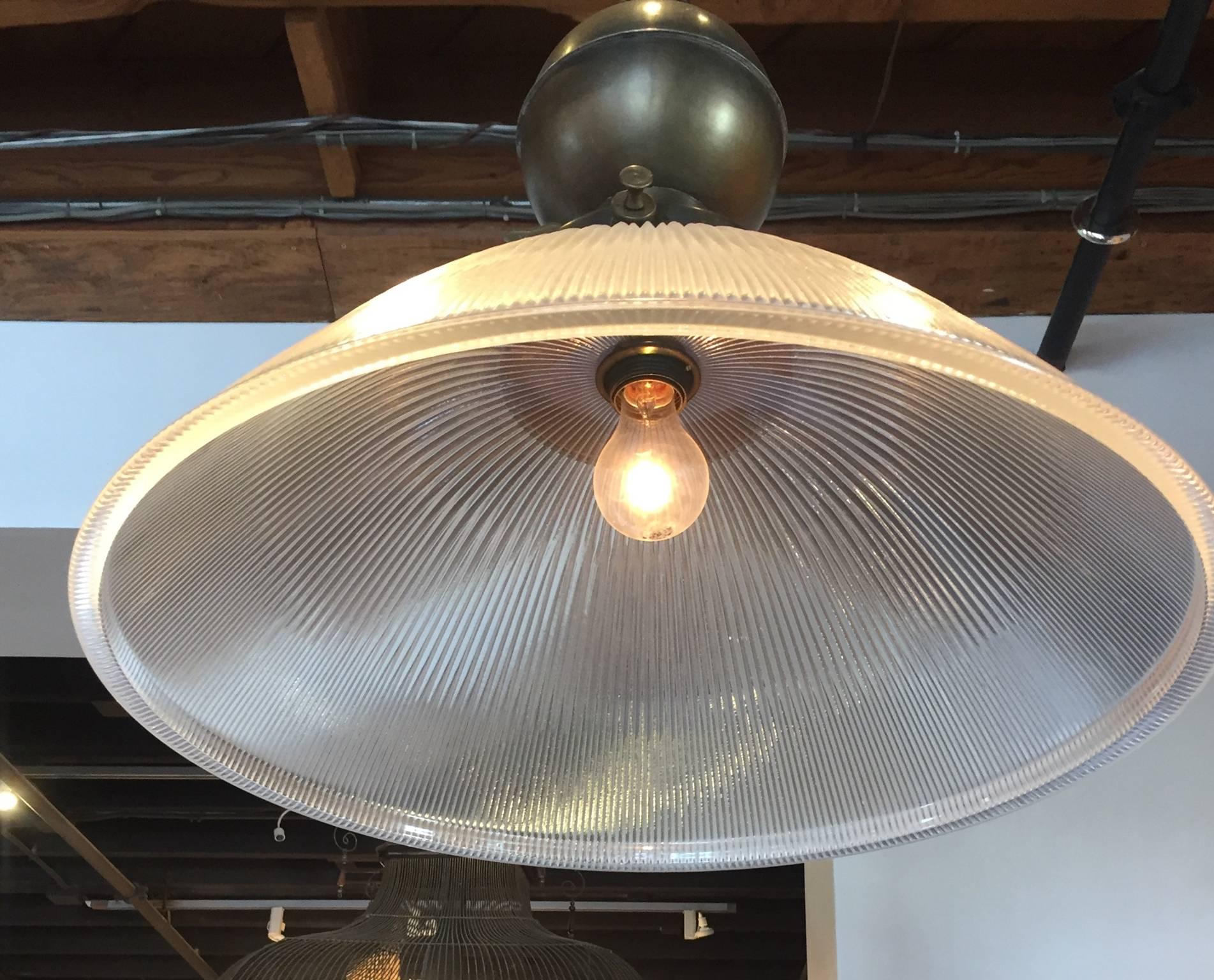 Industrial Brass and Glass Holophane Pendant For Sale