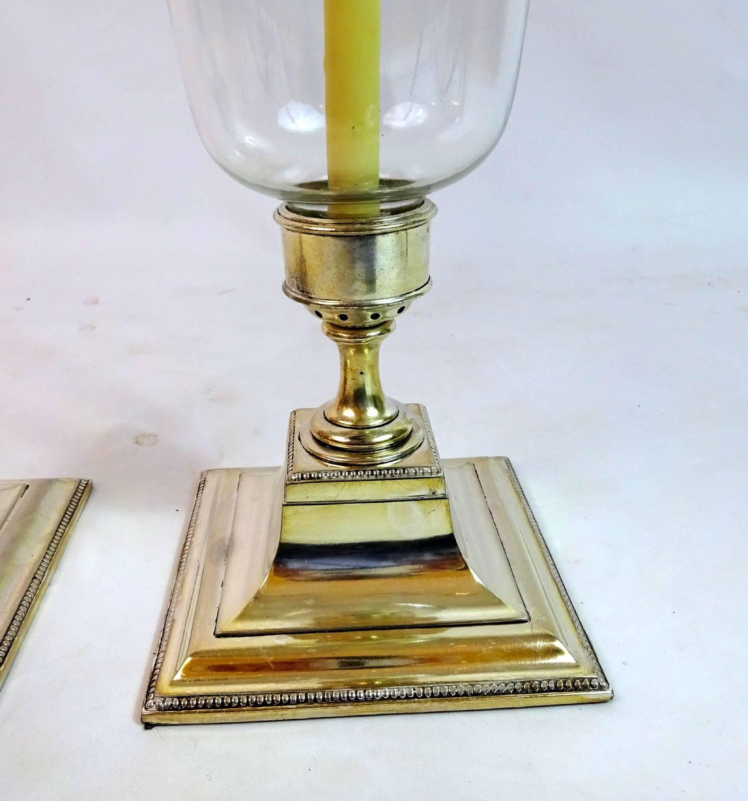 20th Century Pair of Early 20th c. English Candleholders with Hurricane Globes