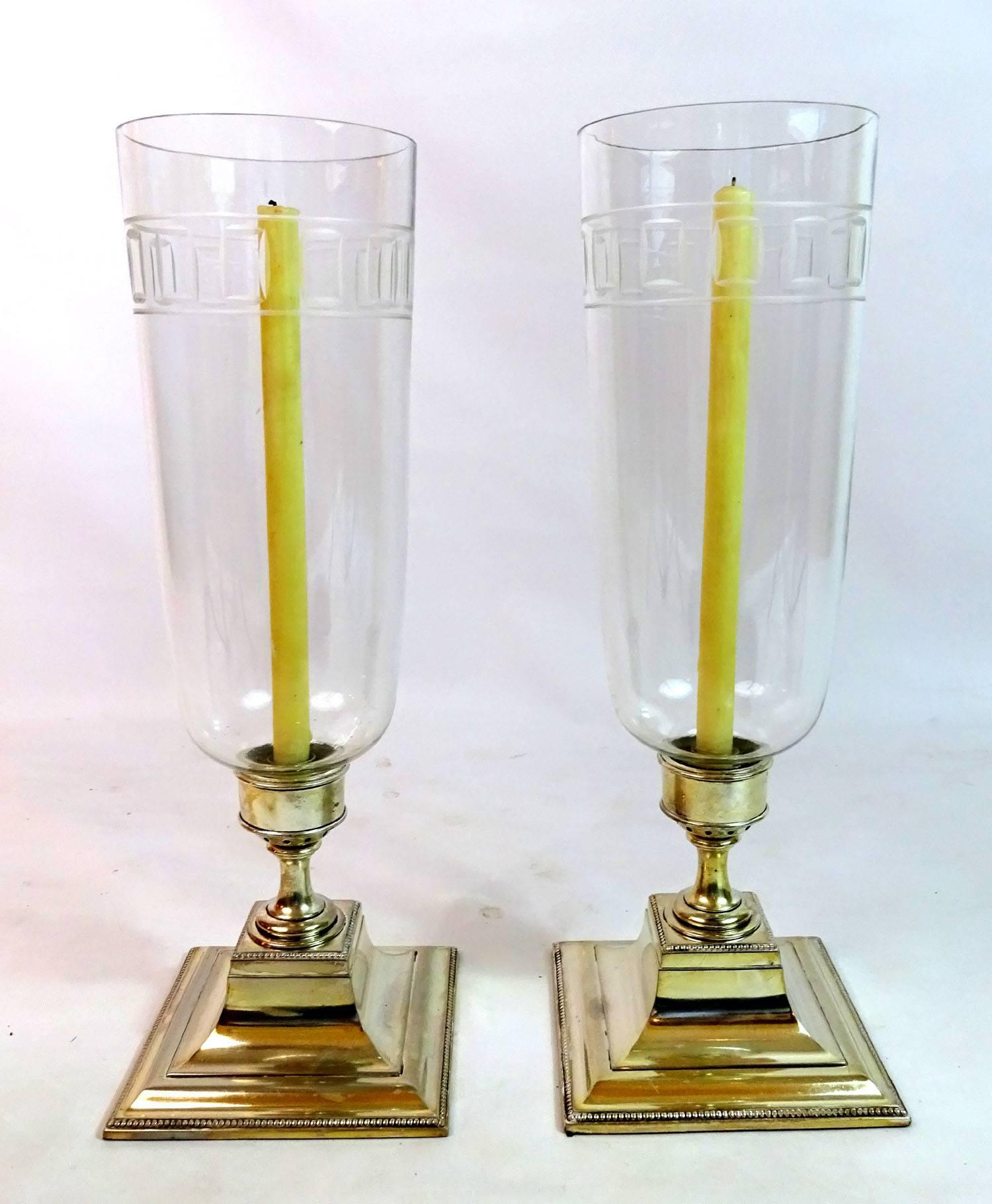 Crystal Pair of Early 20th c. English Candleholders with Hurricane Globes