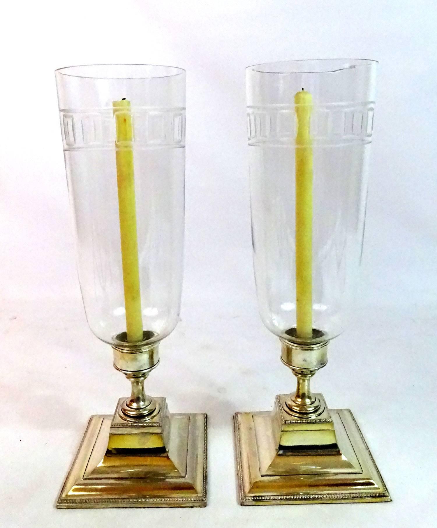 Pair of Early 20th c. English Candleholders with Hurricane Globes 1