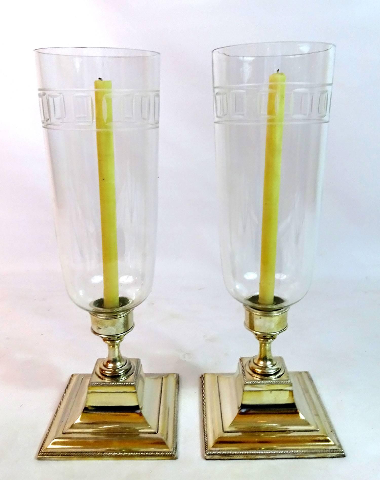 Pair of Early 20th c. English Candleholders with Hurricane Globes 2