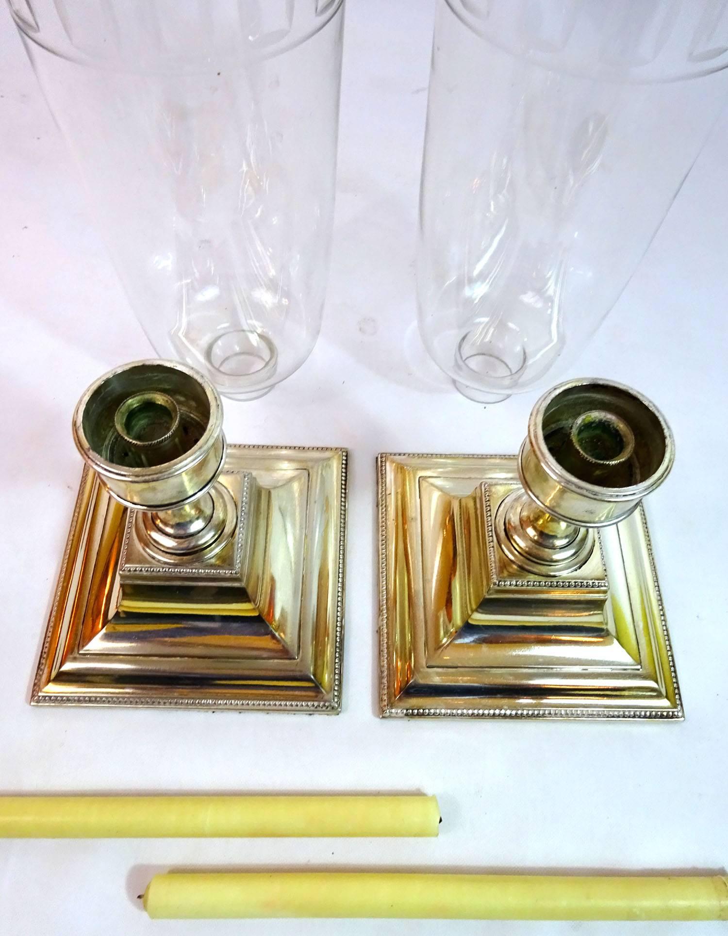 Pair of Early 20th c. English Candleholders with Hurricane Globes 3