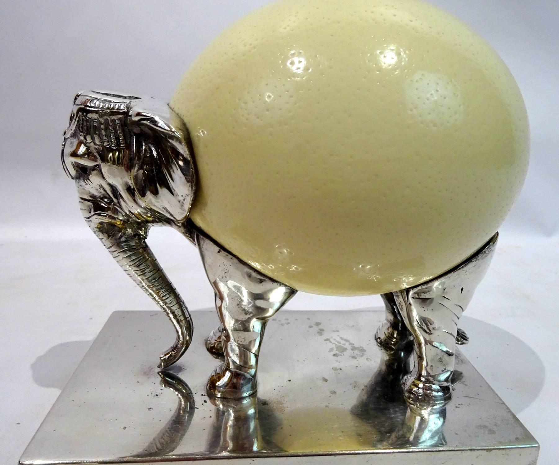 Late 20th century elephant sculpture made from an ostrich egg on silver mounts with the marking 