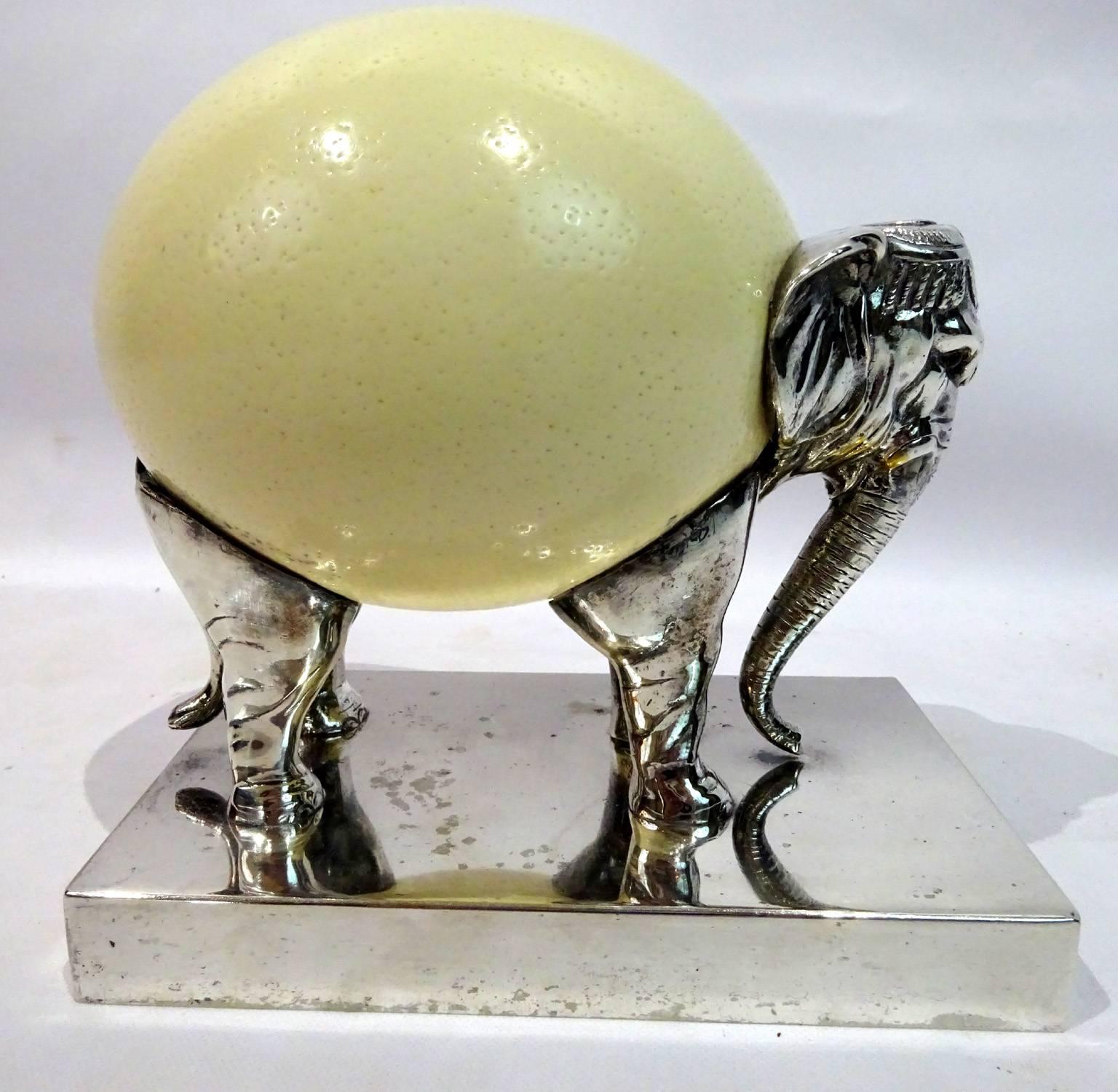 Ostrich Eggshell Late 20th Century Ostrich Egg and Silver Elephant Sculpture by J Antony Redmile