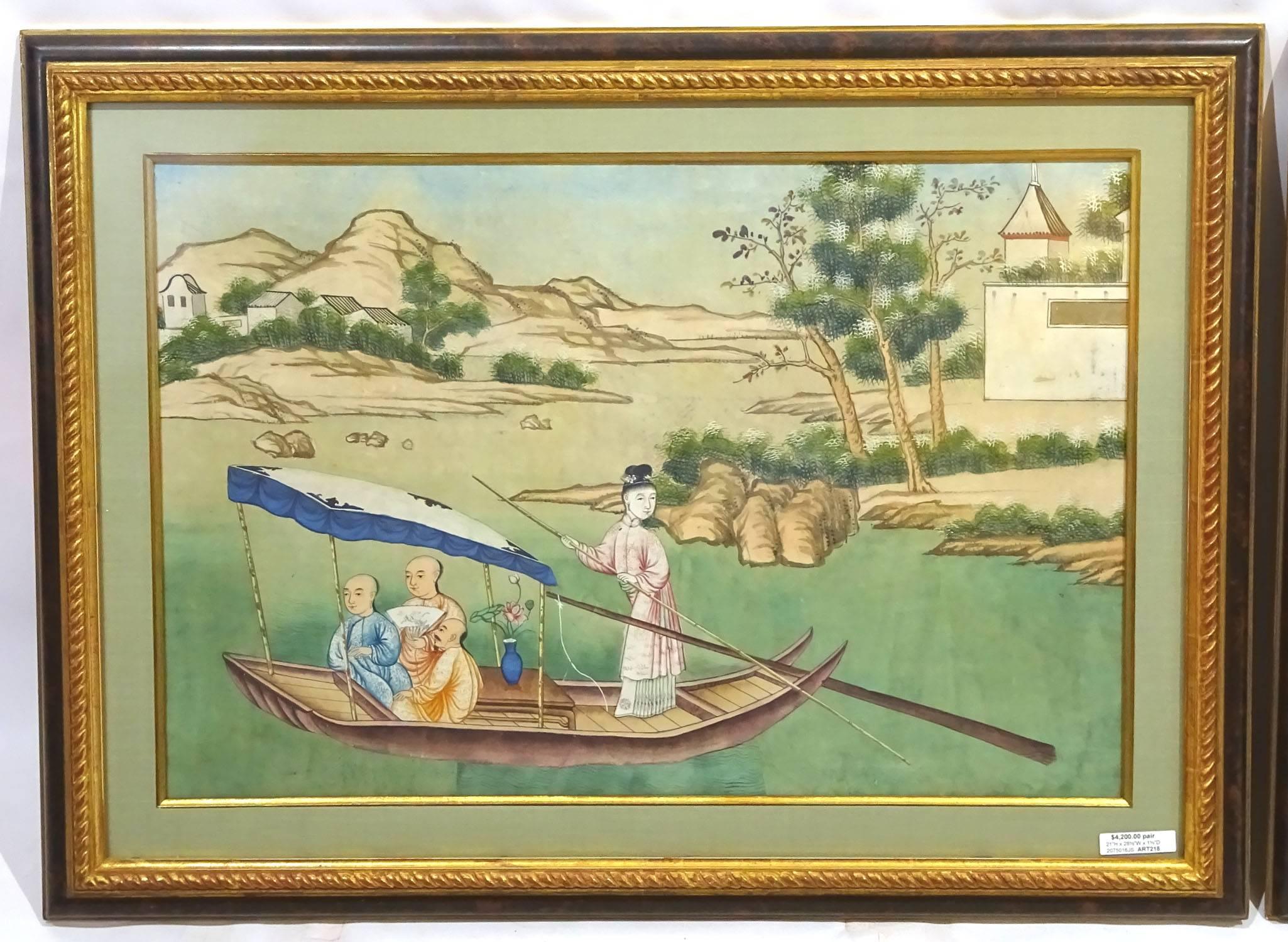 Pair of 19th Century Chinese drawings, one of a river scene with figures on a boat, the other of a landscape with figures working, mounted in wooden frames with pale green mats.