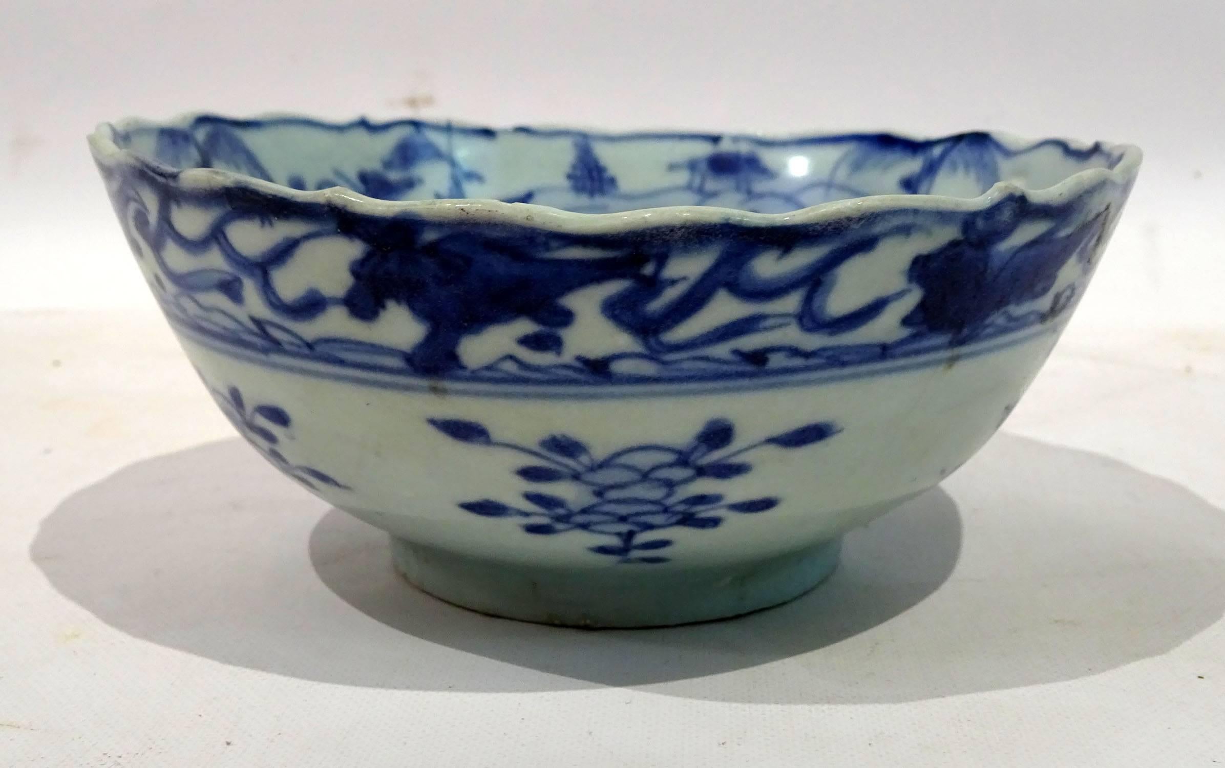 Hand-Painted 17th Century Chinese Blue and White Porcelain Bowl from The Hatcher Collection