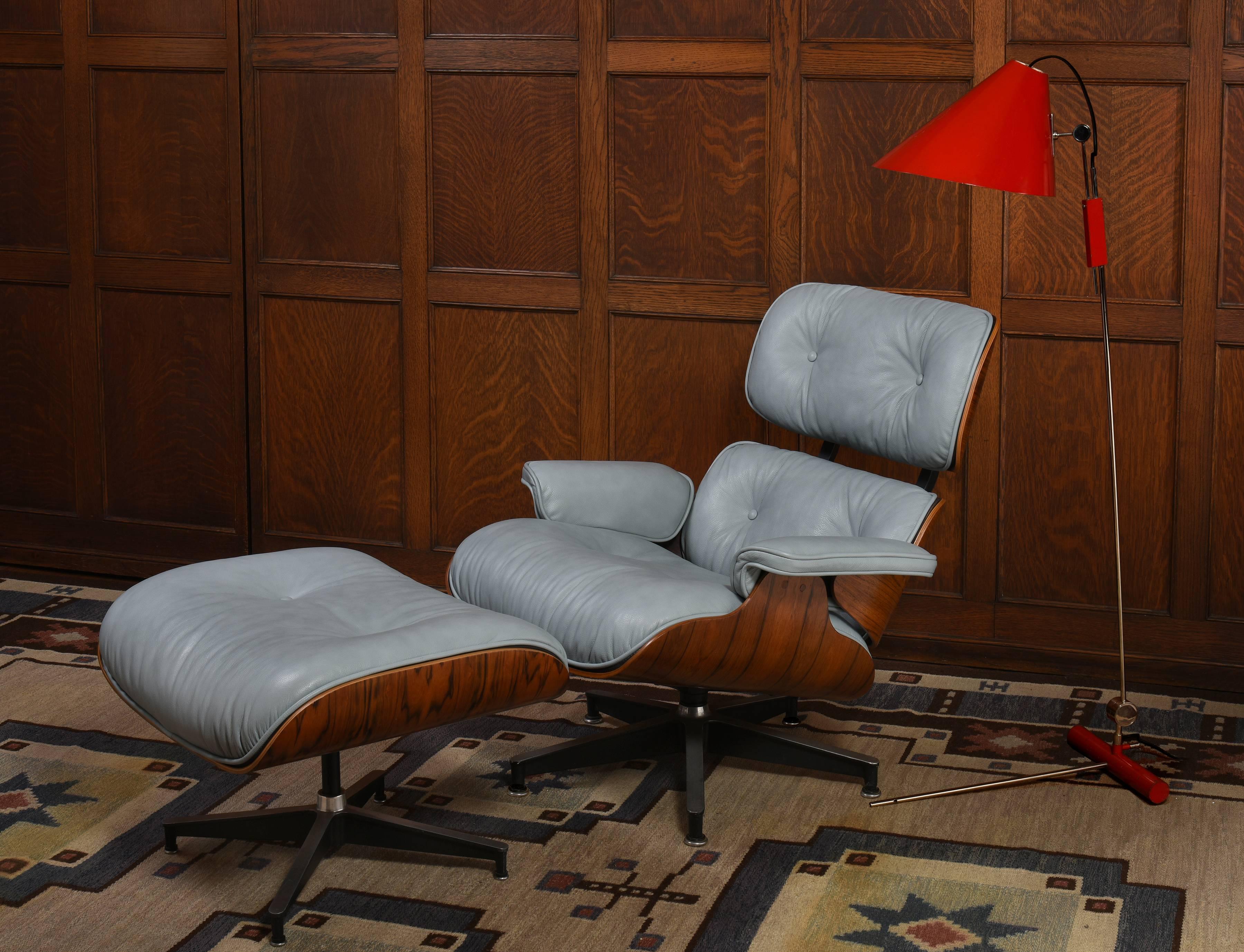 Eames for Herman Miller Lounge Chair and Ottoman 

Model 670 and 671

USA, circa 1960s
33 H x 32 W x 35 D inches

Brazillian rosewood and light blue leather