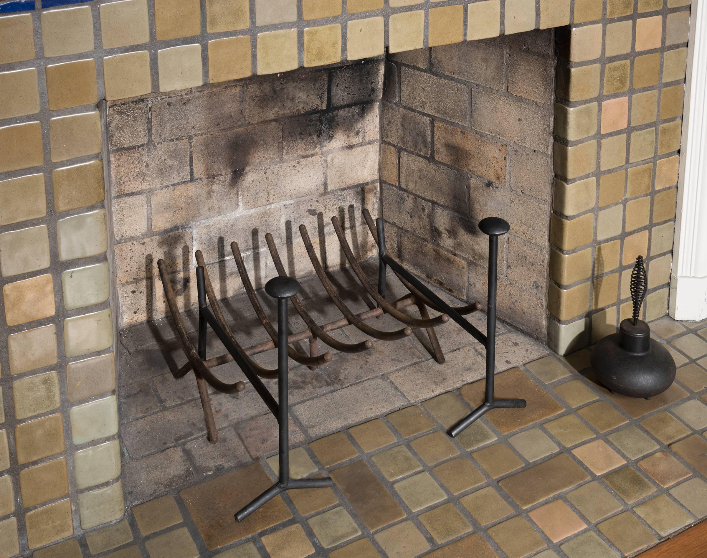 George Nelson Three-Piece Fireplace Set with Andirons, Log Rack and Fire Starter In Excellent Condition In Houston, TX