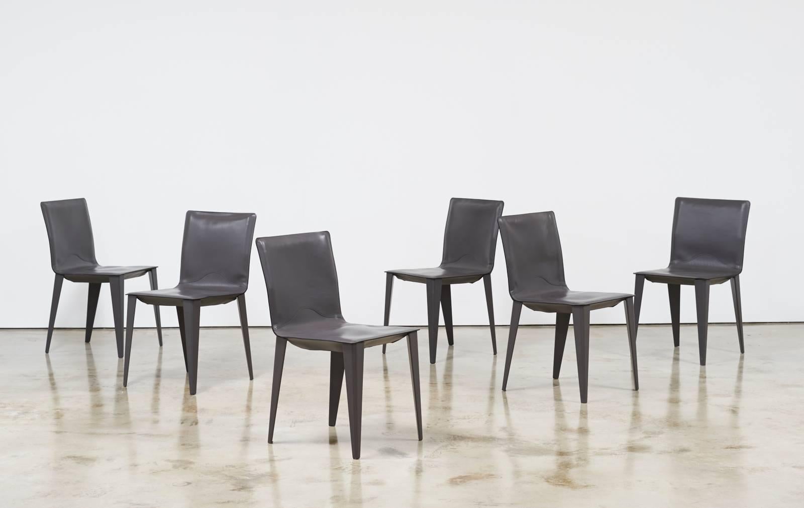 Set of six chairs in grey leather by Matteo Grassi

Italy, circa 1970s

All chairs original to the set
Measures: 32.5 H
17.5 seat height
17 W x 18.5 D in.