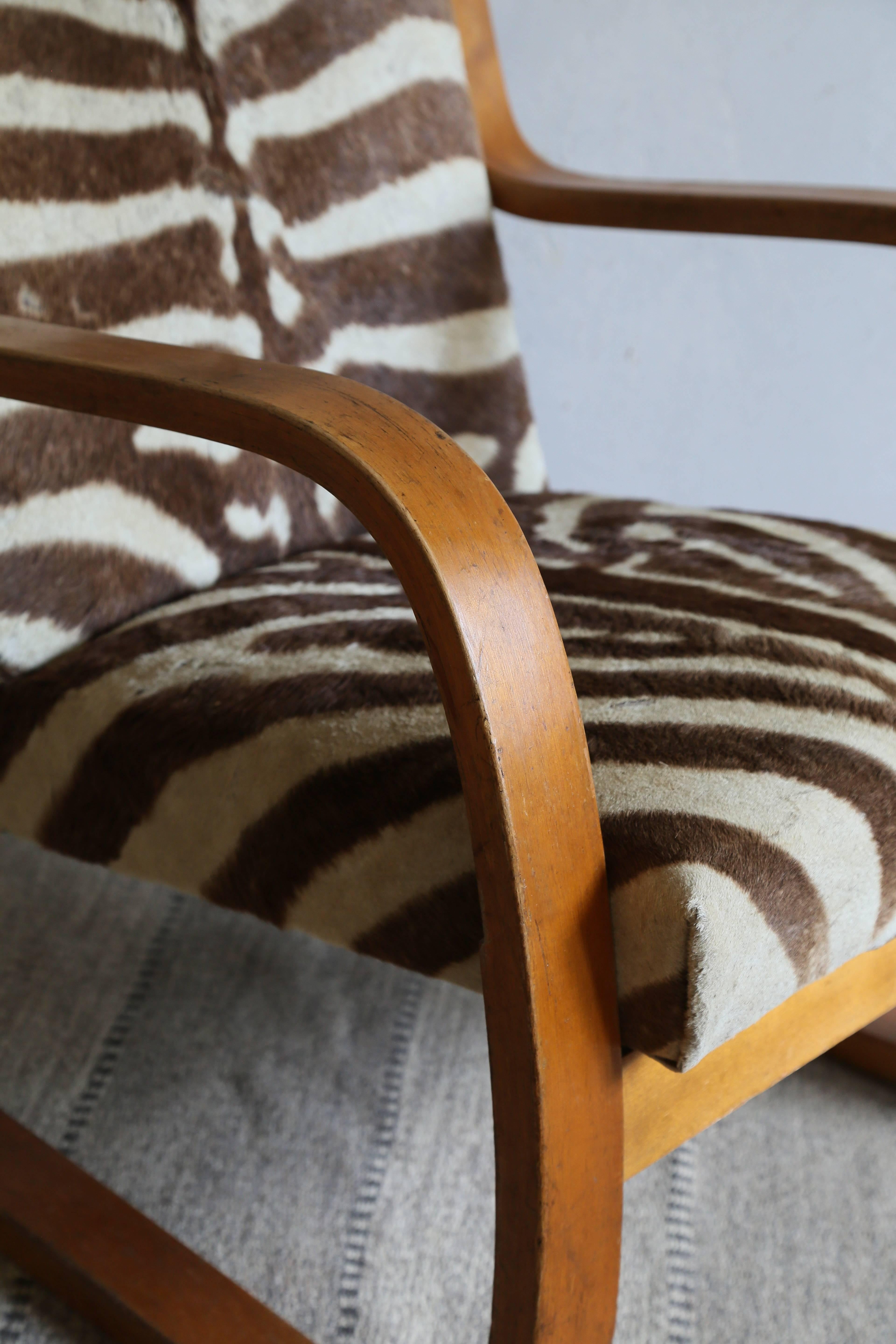 Mid-20th Century Alvar Aalto Early Edition Cantilevered Armchair in Original Zebra Hide, 1930s