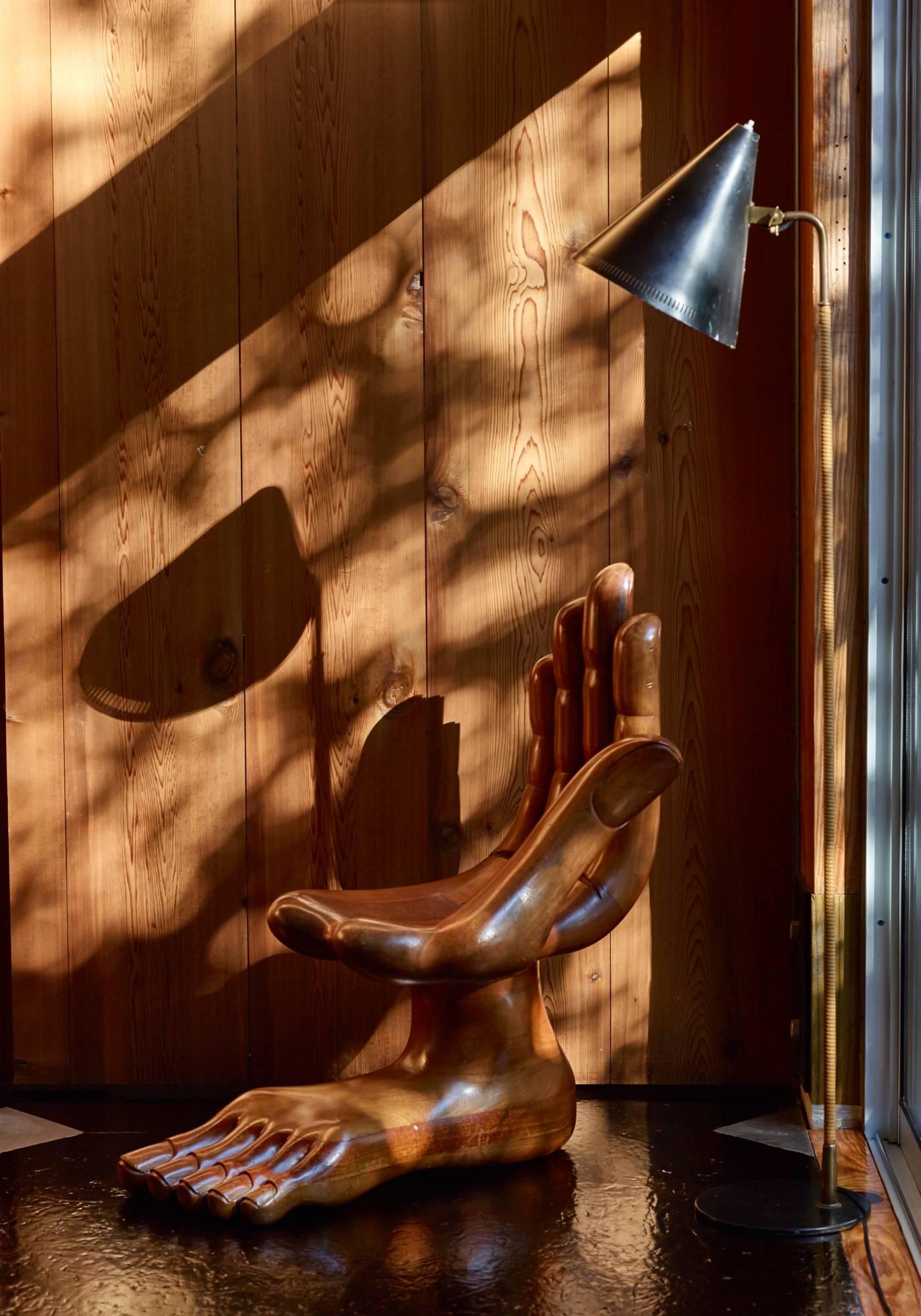 Rare Pedro Friedeberg hand foot chair.

Mexico, 1960s.
Carved mahogany.
Dimensions: 20 W x 30 D x 33 H inches.

Early hand foot chair by surrealist Pedro Friedeberg in un-restored condition. Signed {Pedro Friedeberg}.