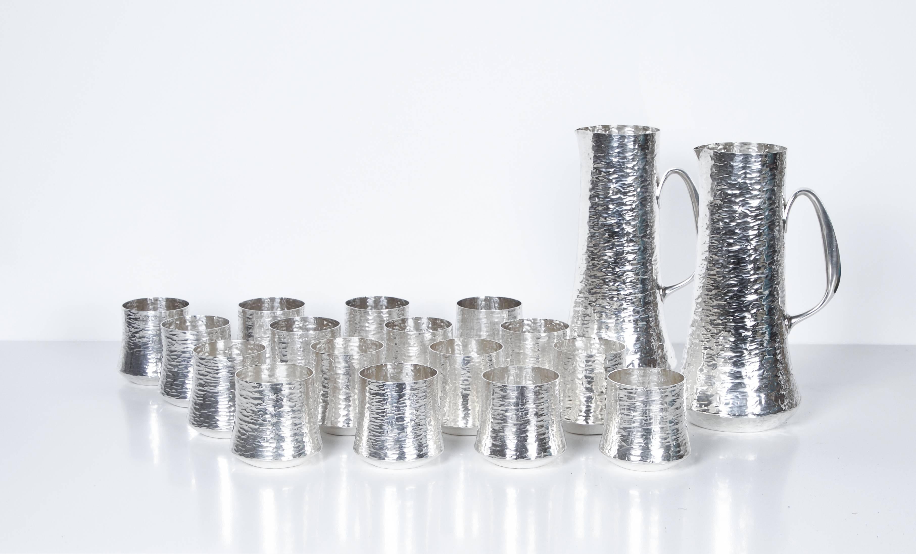 Late 20th Century Tapio Wirkkala, Set of Silver Pitchers and Cups, 18 Pieces, Finland 1970s For Sale