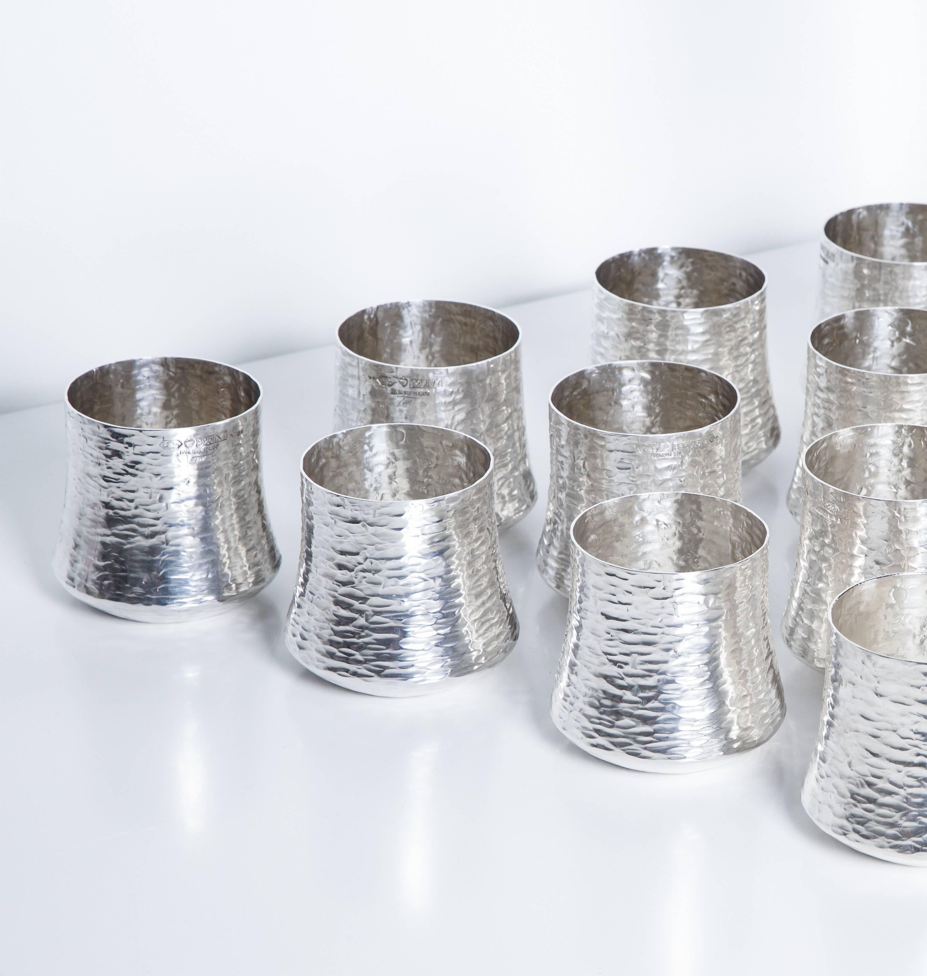 Hammered Tapio Wirkkala, Set of Silver Pitchers and Cups, 18 Pieces, Finland 1970s For Sale