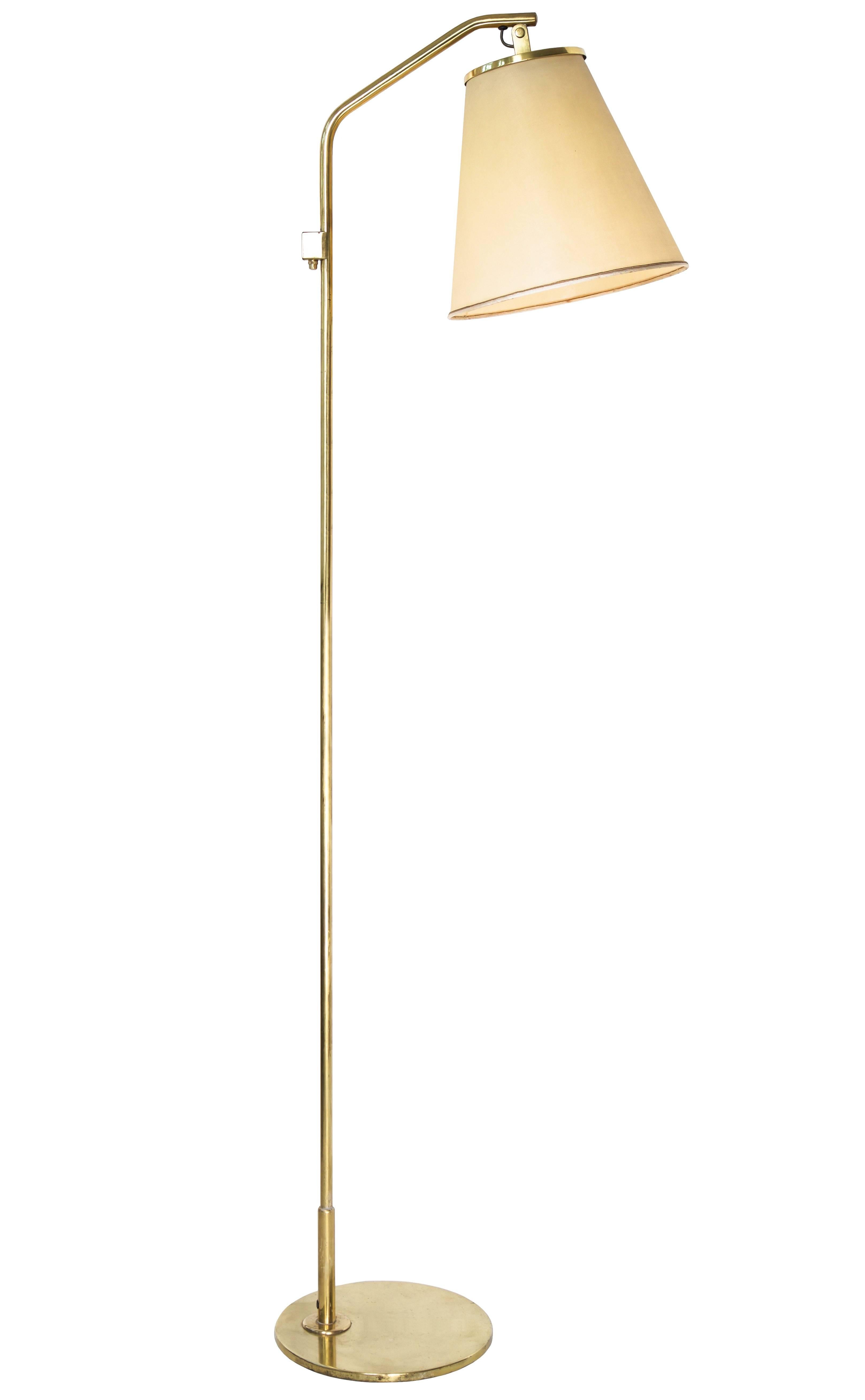 Paavo Tynell floor lamp model 9613

Taito Oy, Helsinki, Finland ca. 1940s

Brass, parchment shade. 

Height 160 cm, depth 45 cm, width 29 cm. 

Literature: Idman Lighting catalog no.135, pg 46 (Idman model no.9631).