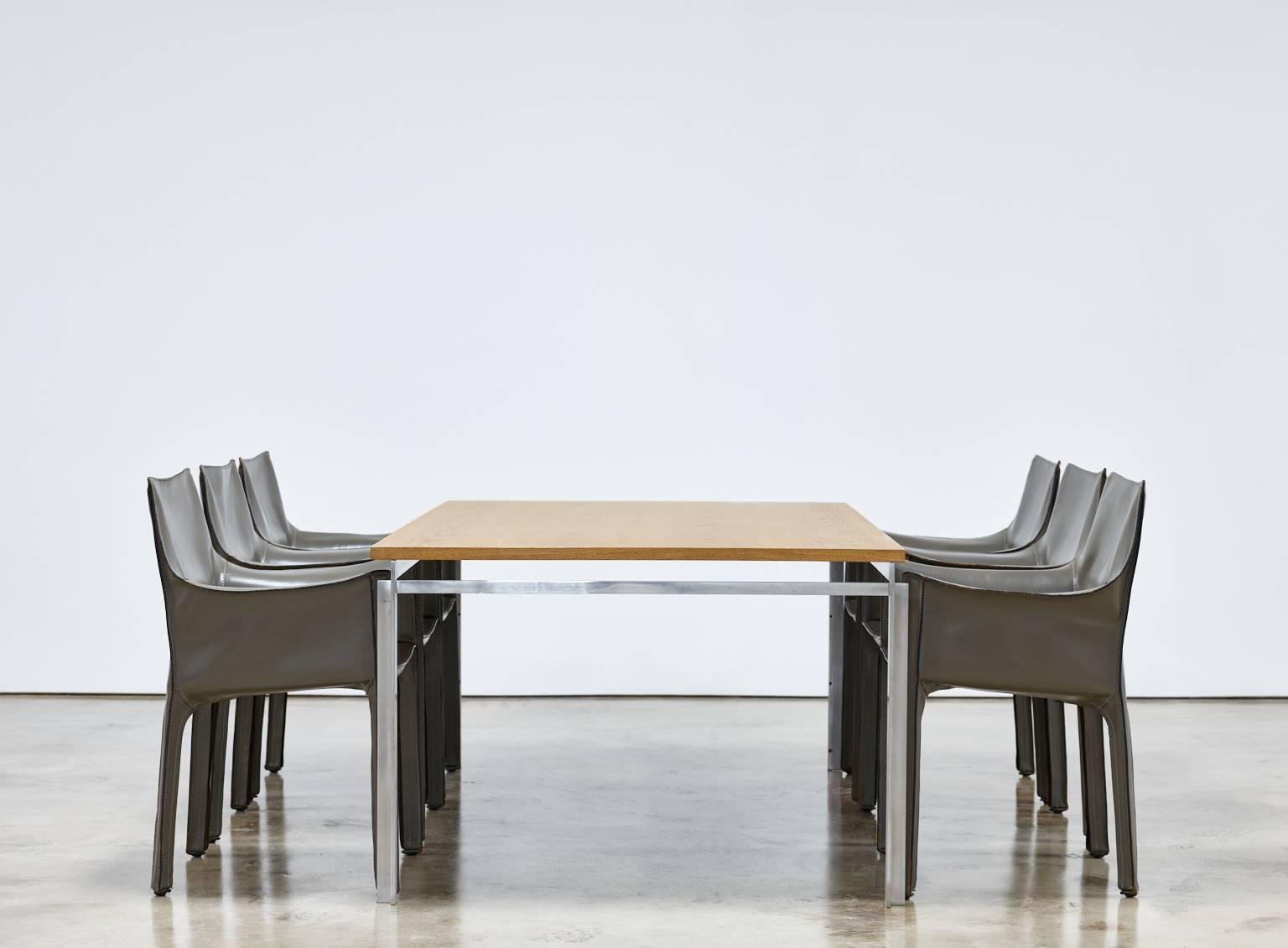 Mario Bellini 

Cab chairs, set of six,

Cassina,
Italy, circa 1980.
Leather over steel.
Measures: 19 W x 18 D x 32 H in (48 x 46 x 81 cm).