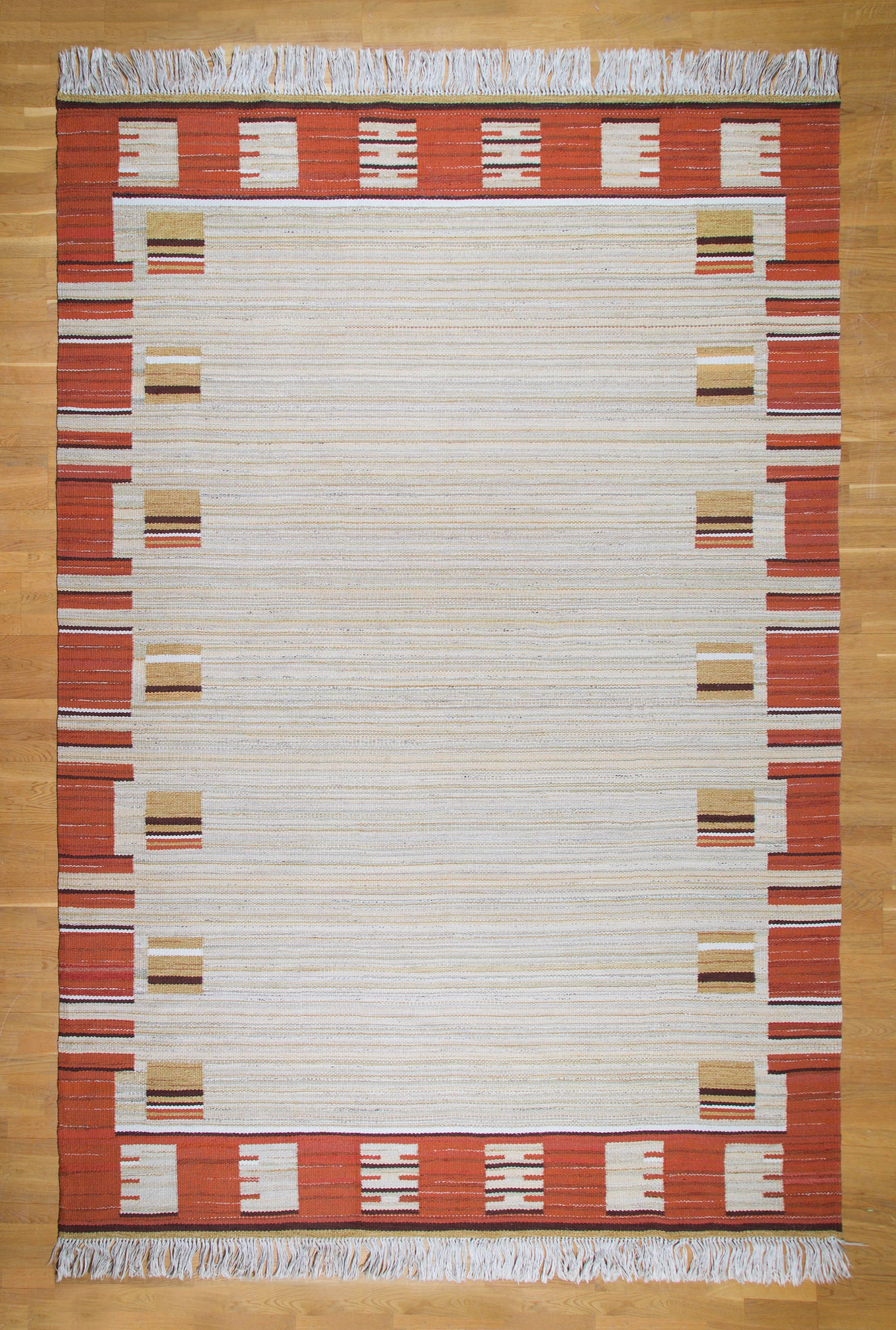 Large Swedish flat-woven Art Deco/modernist rug 

Sweden, 1930s

Handwoven wool
Sienna, beige, red, black, grey

Artist unknown

Measures: 134 L x 86.6 W in
340 L x 220 W cm.