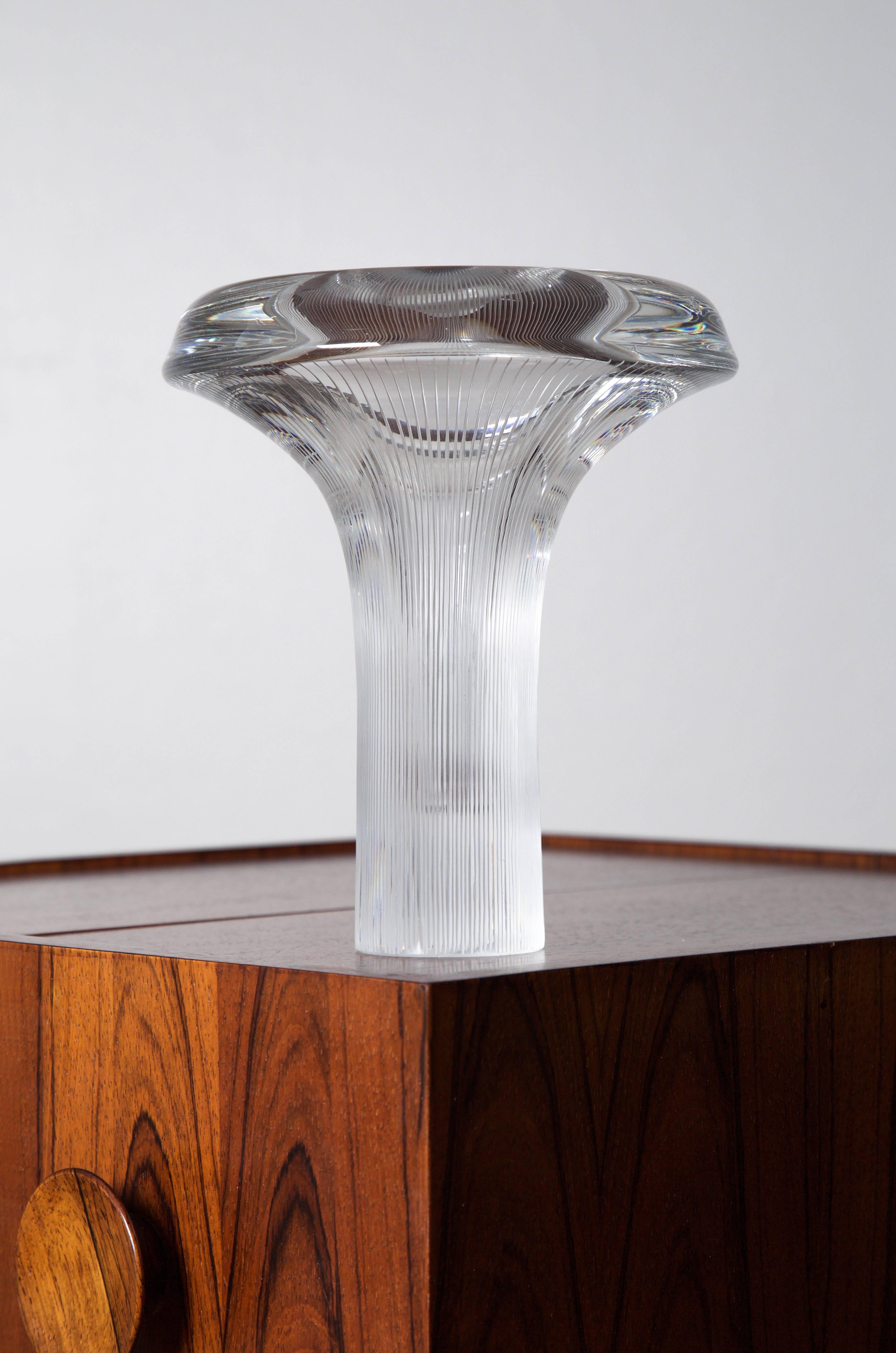 Glass art object boletus (orig. Finnish name Tatti, model No.3552) by Tapio Wirkkala. 

Finland, mid-1950s

Material mold form crystal, handmade by Iittala Glassworks

Rare large size 20.6 cm high
20.6 H x 17.8 D cm.

The model was in